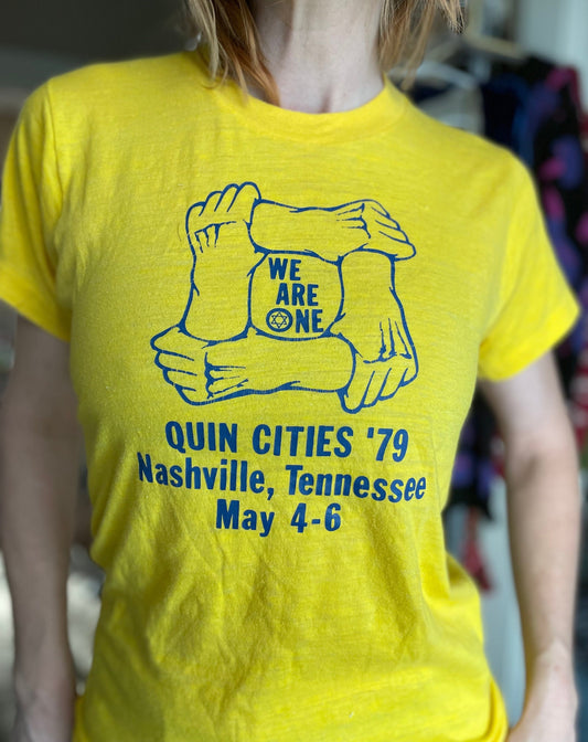 vtg 1979 WE ARE ONE shirt // vintage rachel graphic tee jewish star of david original tennessee bright yellow tshirt yellow 70s retro sketch