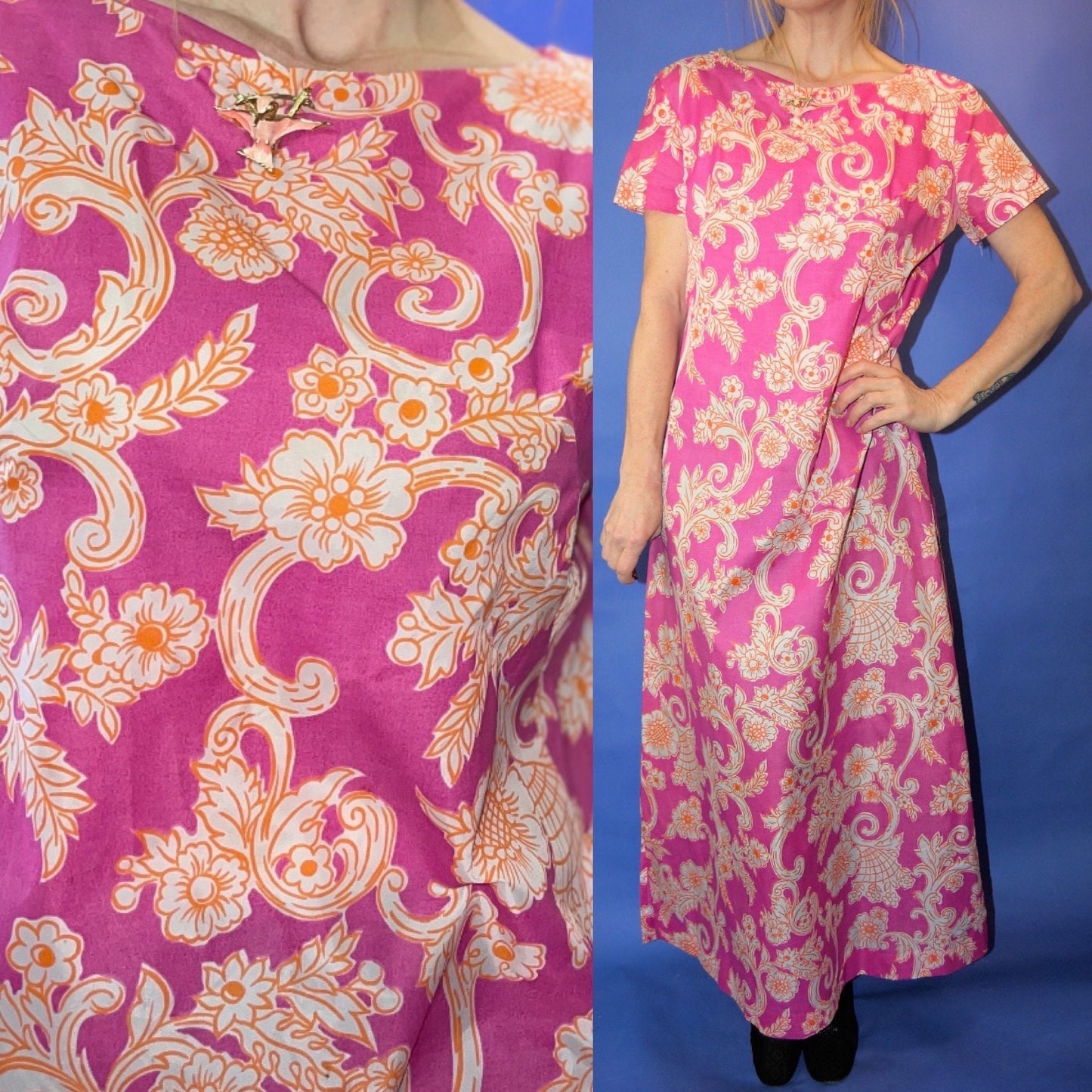 vtg 70s FUCHSIA VINES FLORAL Dress // full length fancy party maxi flower power psychedelic flowy bright pink hippie mod hostess Halloween