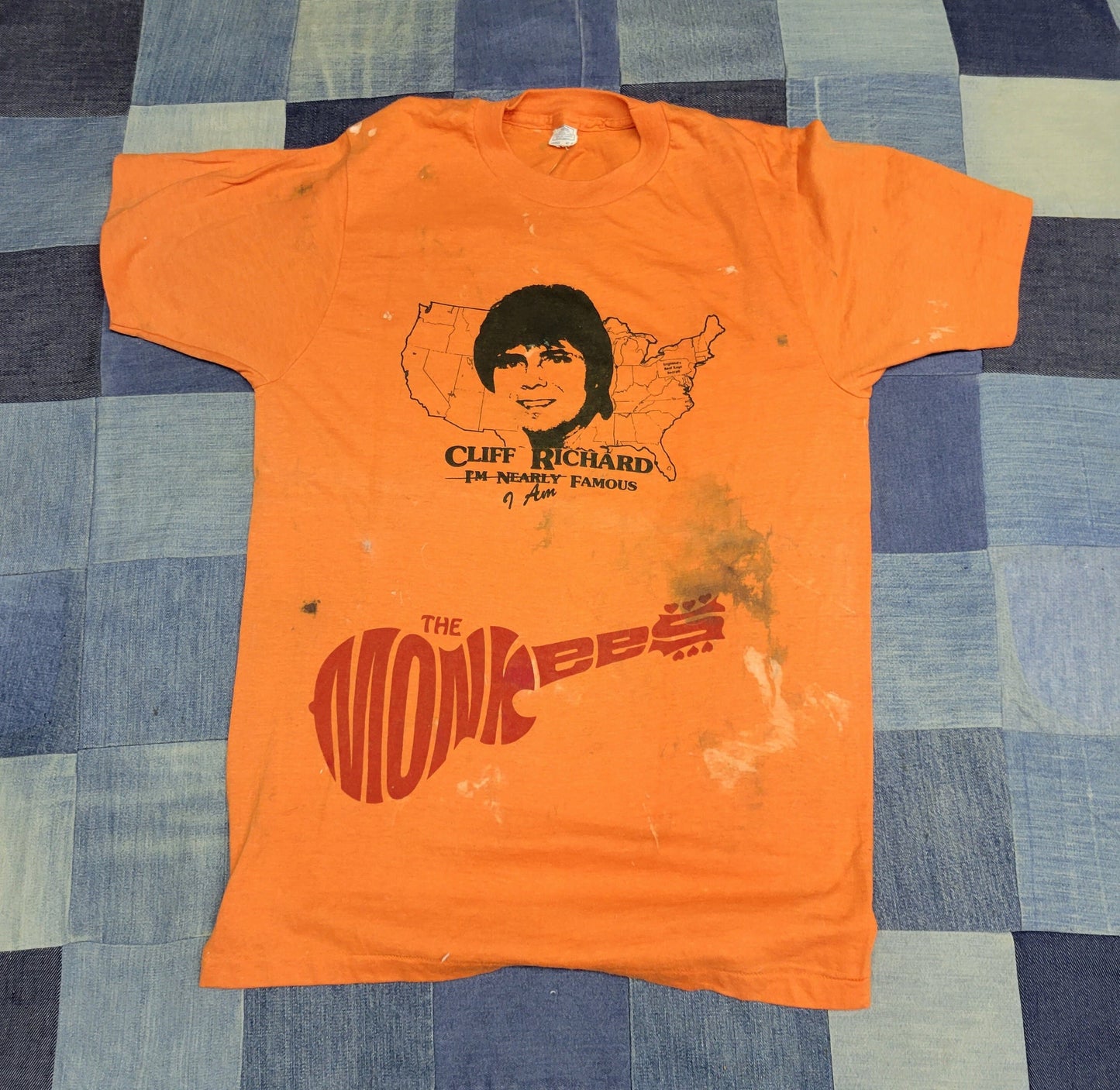 vtg 70s MONKEES SCREEN PRINT Shirt // vintage cliff richard seniors test print orange weird punk art ooak rare 60s band tee pop culture