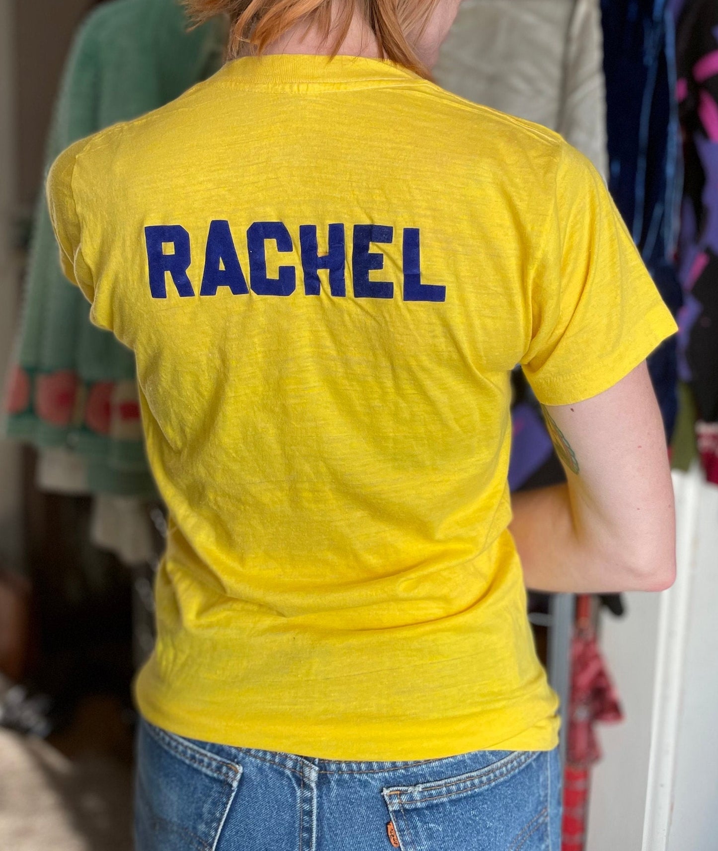 vtg 1979 WE ARE ONE shirt // vintage rachel graphic tee jewish star of david original tennessee bright yellow tshirt yellow 70s retro sketch