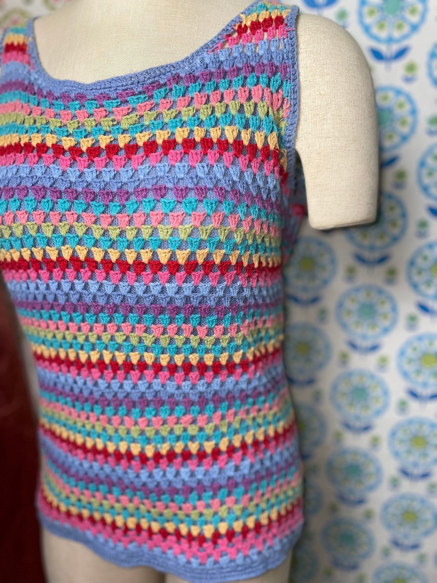 vtg RAINBOW CROCHET KNIT top 2 piece /// stripes tank top over cardigan striped jagged chunky sweater top femme y2k clothing 90s style