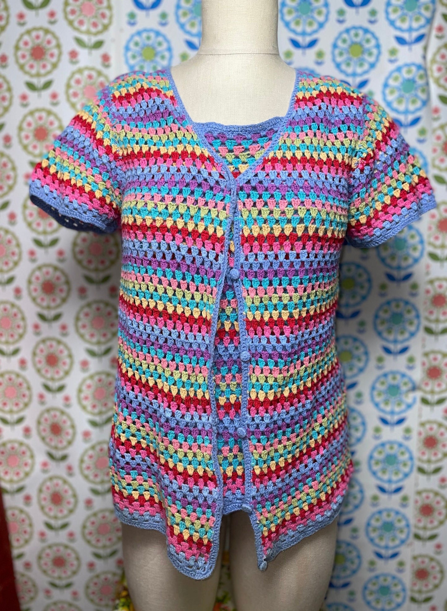 vtg RAINBOW CROCHET KNIT top 2 piece /// stripes tank top over cardigan striped jagged chunky sweater top femme y2k clothing 90s style