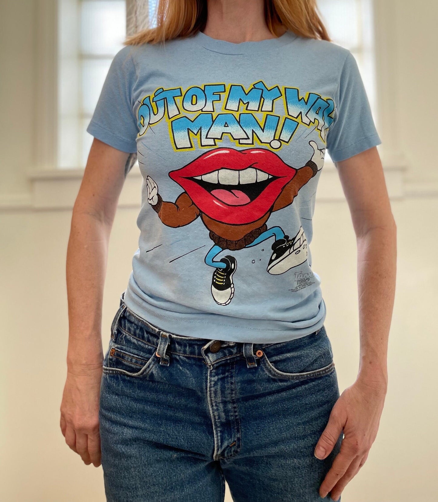 vtg 90s RUDE TANG LIPS get outta my way man shirt / Pop Art Lips ludacris andy warhol rolling stones 80s mick jagger tee baby blue rock tour