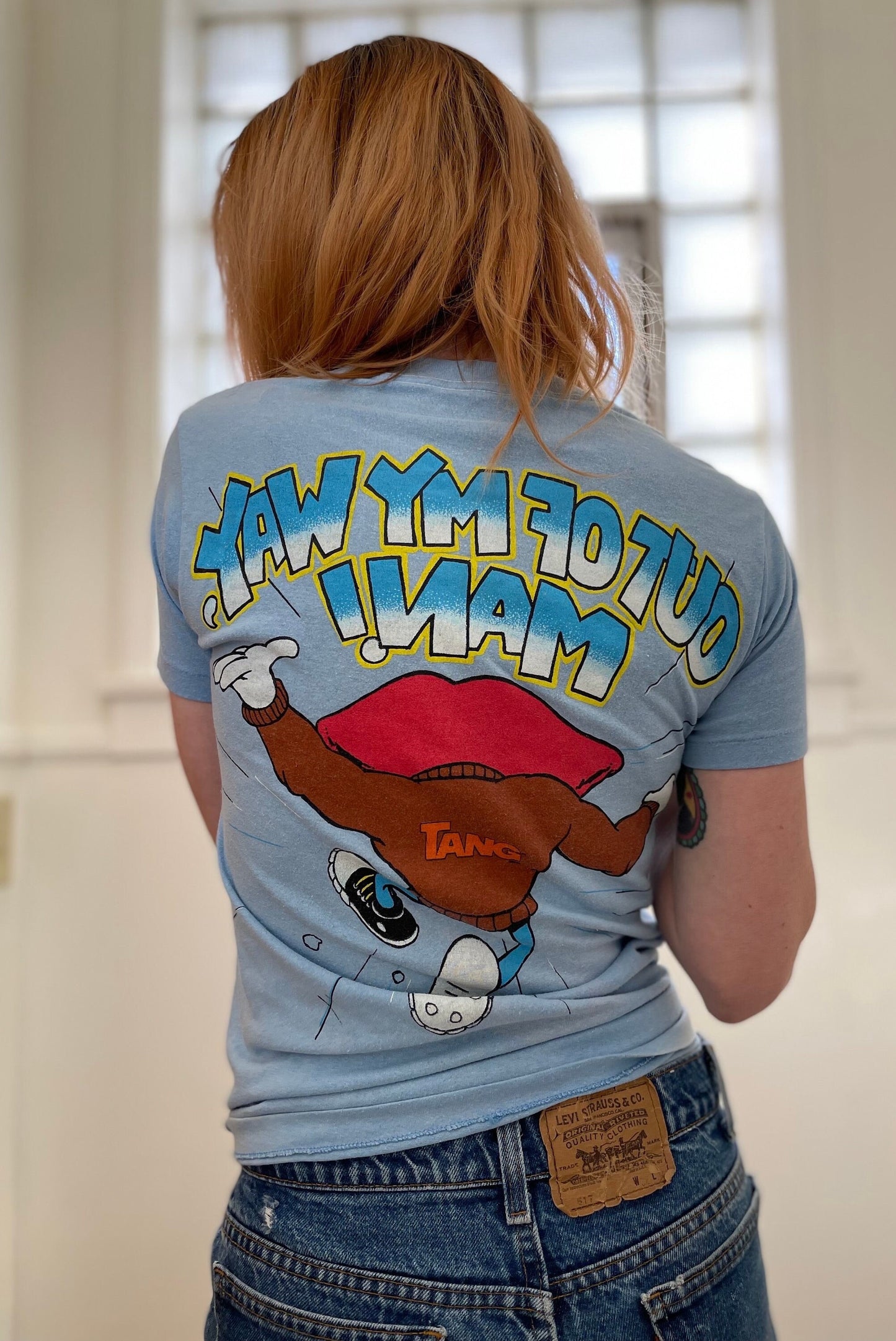 vtg 90s RUDE TANG LIPS get outta my way man shirt / Pop Art Lips ludacris andy warhol rolling stones 80s mick jagger tee baby blue rock tour