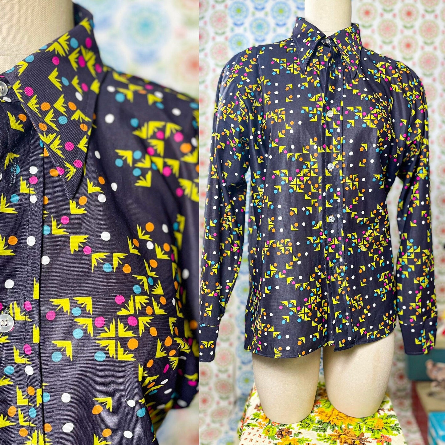 vtg 70s PSYCHEDLIC POLY TOP shirt // long sleeve tetris abstract artist print art cute classy hippie mod style era disco fashion geometric