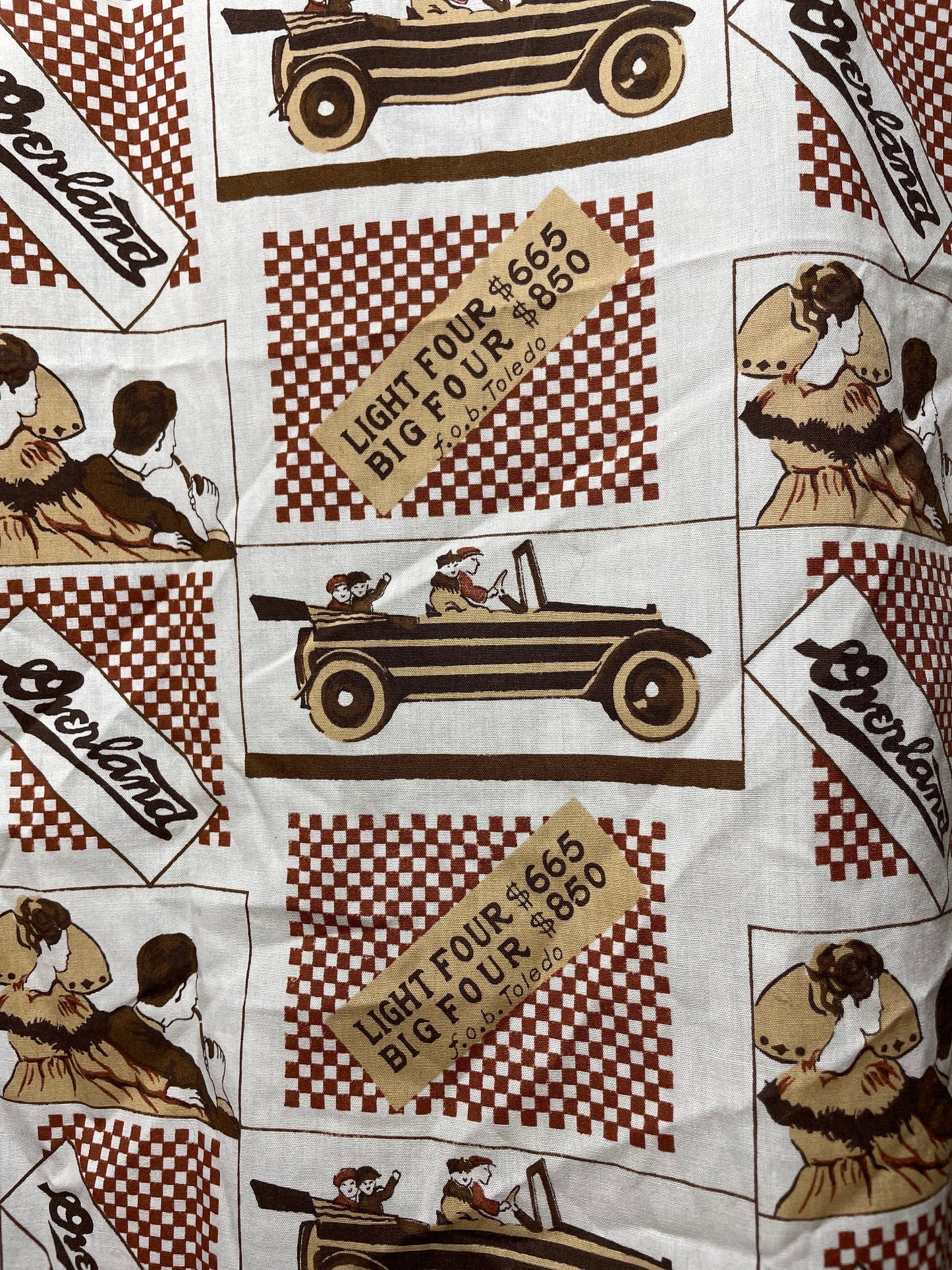 vtg 70s FLAPPER AOP PRINT // Overland light four big four Henry Ford Car All over print shirt loud antique collar automobile historic hair