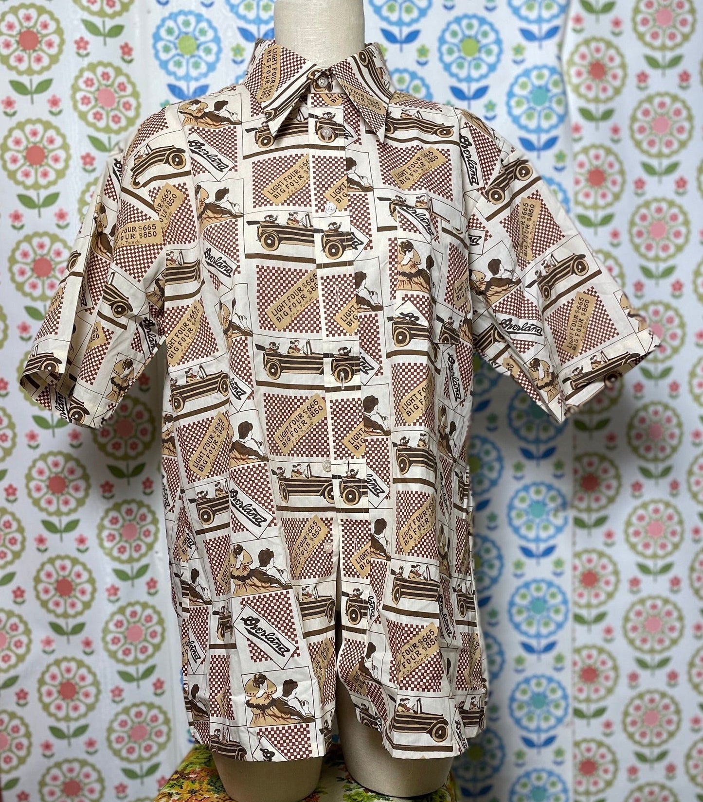 vtg 70s FLAPPER AOP PRINT // Overland light four big four Henry Ford Car All over print shirt loud antique collar automobile historic hair