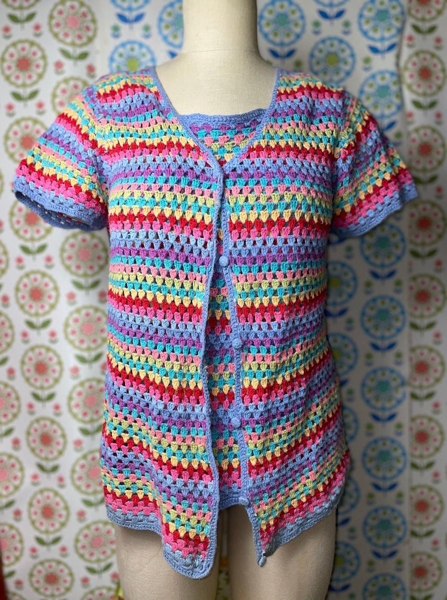 vtg RAINBOW CROCHET KNIT top 2 piece /// stripes tank top over cardigan striped jagged chunky sweater top femme y2k clothing 90s style