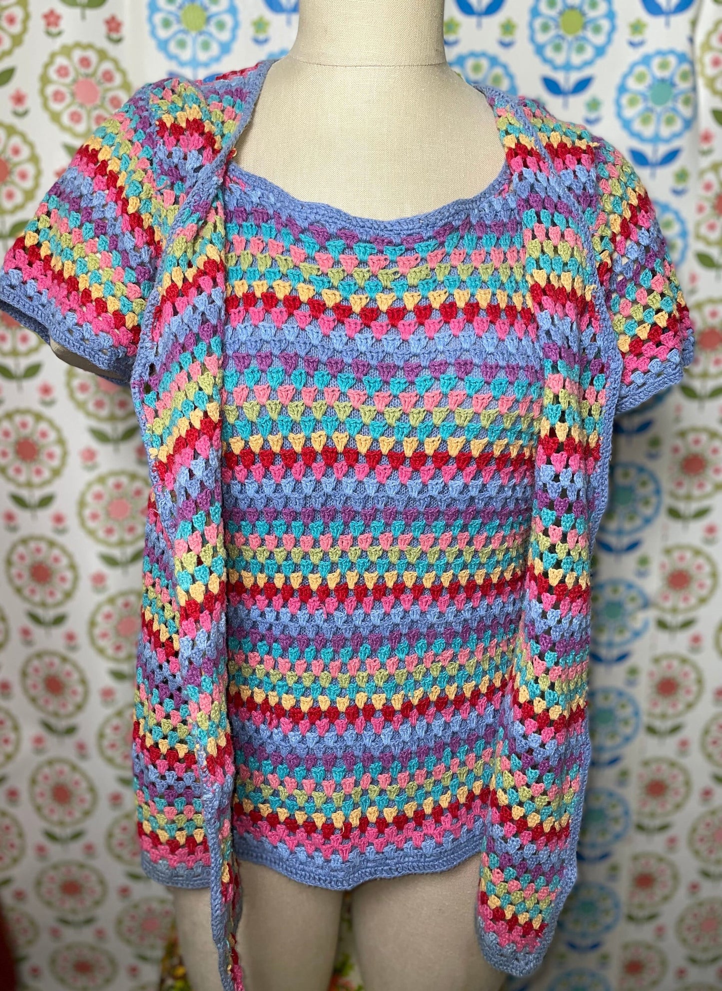 vtg RAINBOW CROCHET KNIT top 2 piece /// stripes tank top over cardigan striped jagged chunky sweater top femme y2k clothing 90s style