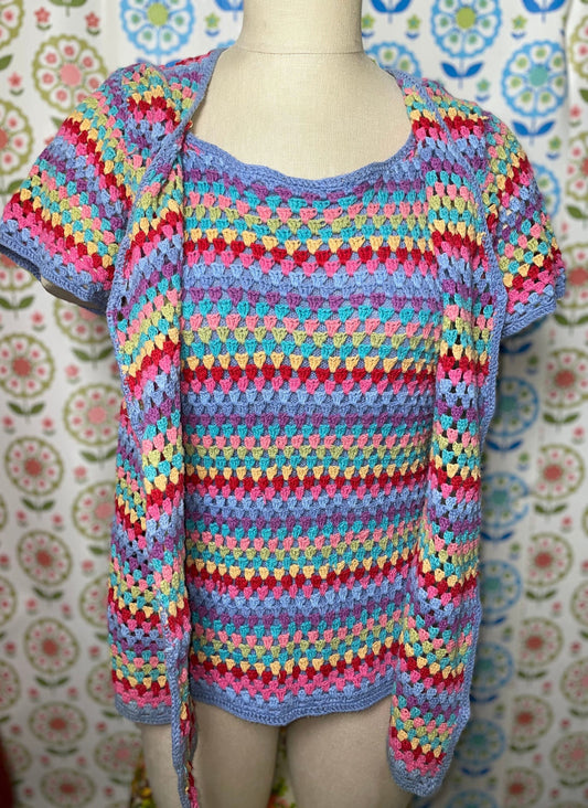 vtg RAINBOW CROCHET KNIT top 2 piece /// stripes tank top over cardigan striped jagged chunky sweater top femme y2k clothing 90s style