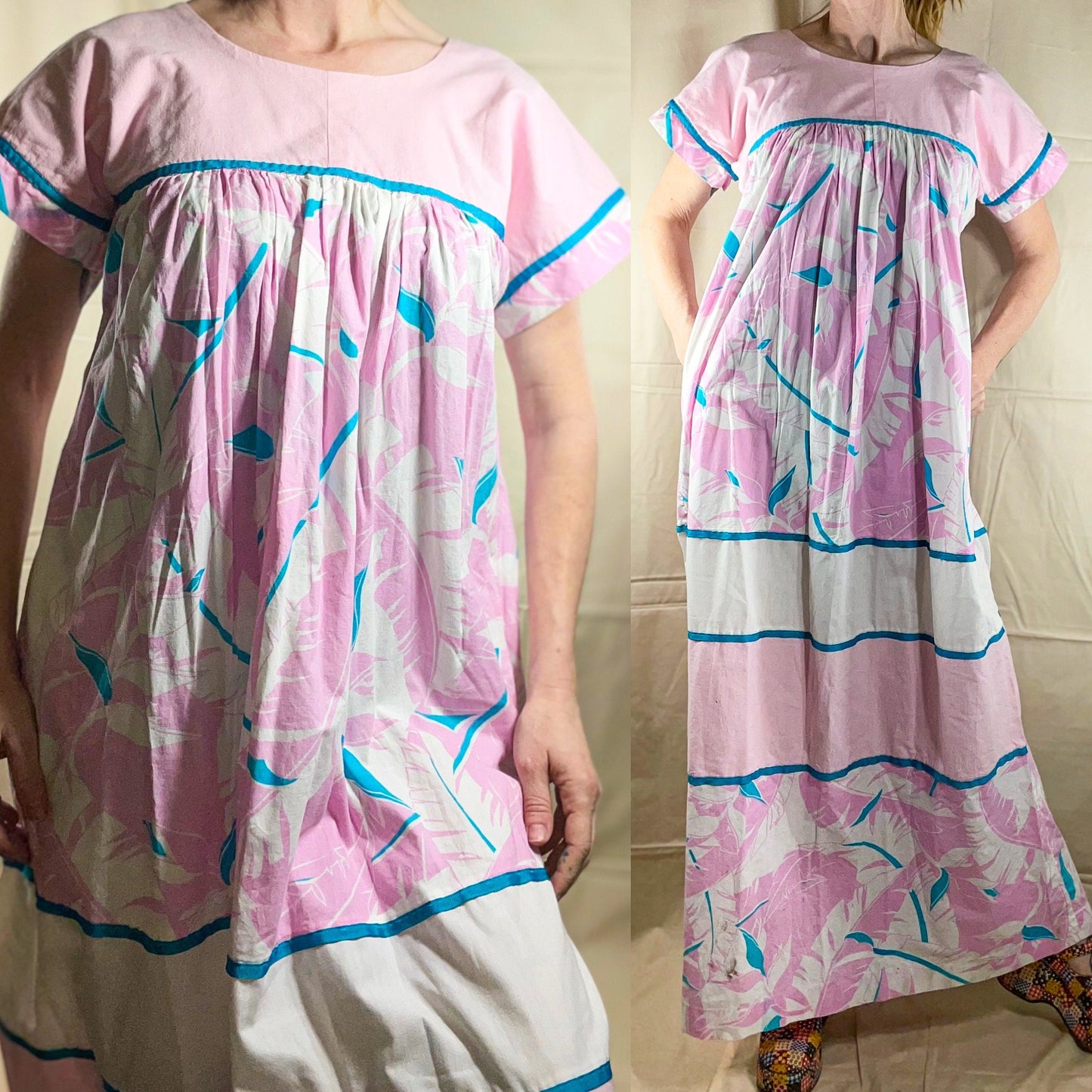 vtg 70s HILDA PASTEL PRAIRIE dress / hawaii pink & blue cotton maxi gown with pockets flare sleeve tent dress muu muu kaftan hippie boho