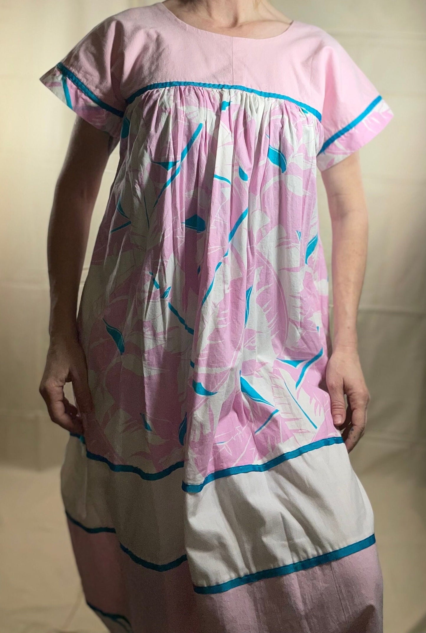 vtg 70s HILDA PASTEL PRAIRIE dress / hawaii pink & blue cotton maxi gown with pockets flare sleeve tent dress muu muu kaftan hippie boho
