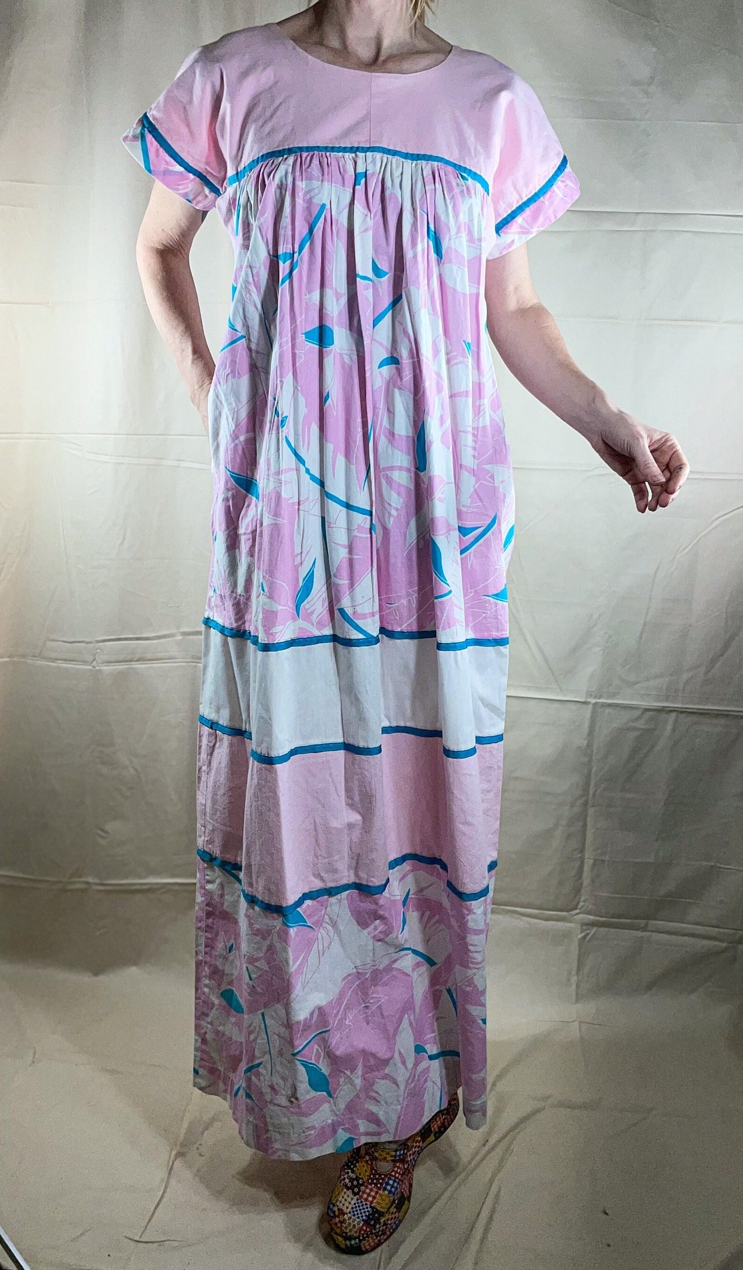 vtg 70s HILDA PASTEL PRAIRIE dress / hawaii pink & blue cotton maxi gown with pockets flare sleeve tent dress muu muu kaftan hippie boho