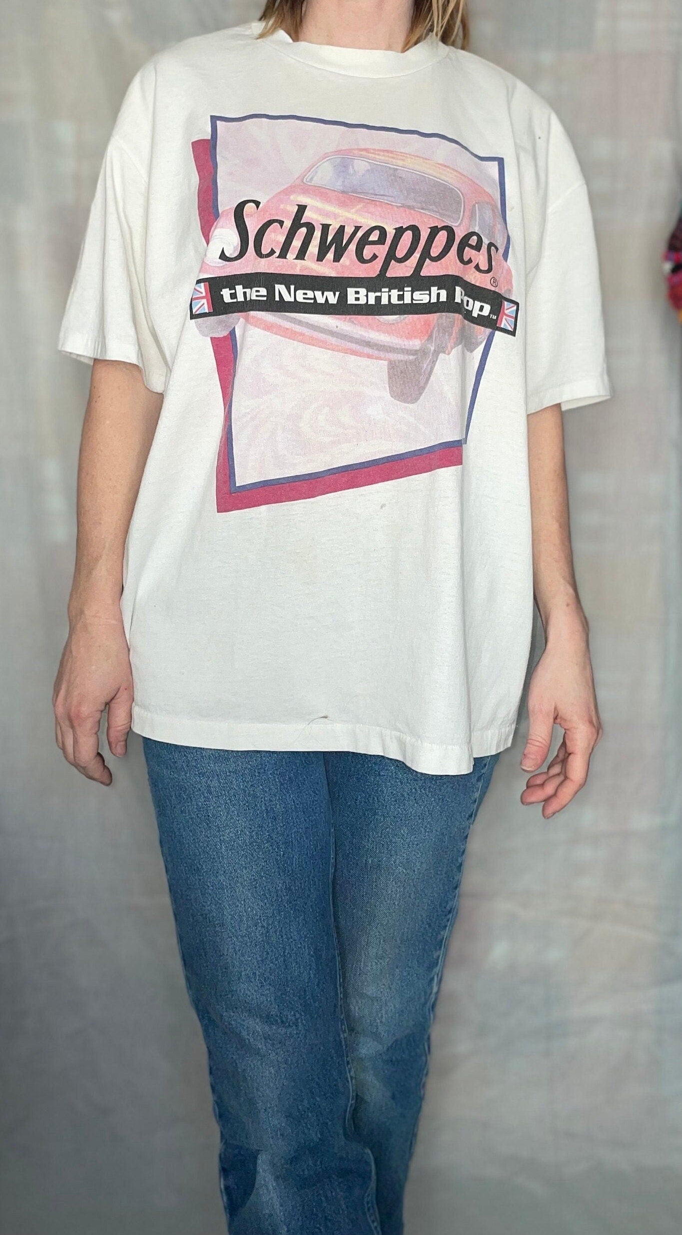 vtg 90s BRIT POP BAND Tee // Schweppes soda pop shirt shoe gaze pop culture ginger ale xl grunge ironic hipster emo music guy funny saying