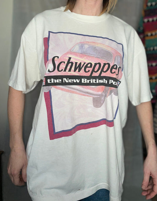 vtg 90s BRIT POP BAND Tee // Schweppes soda pop shirt shoe gaze pop culture ginger ale xl grunge ironic hipster emo music guy funny saying