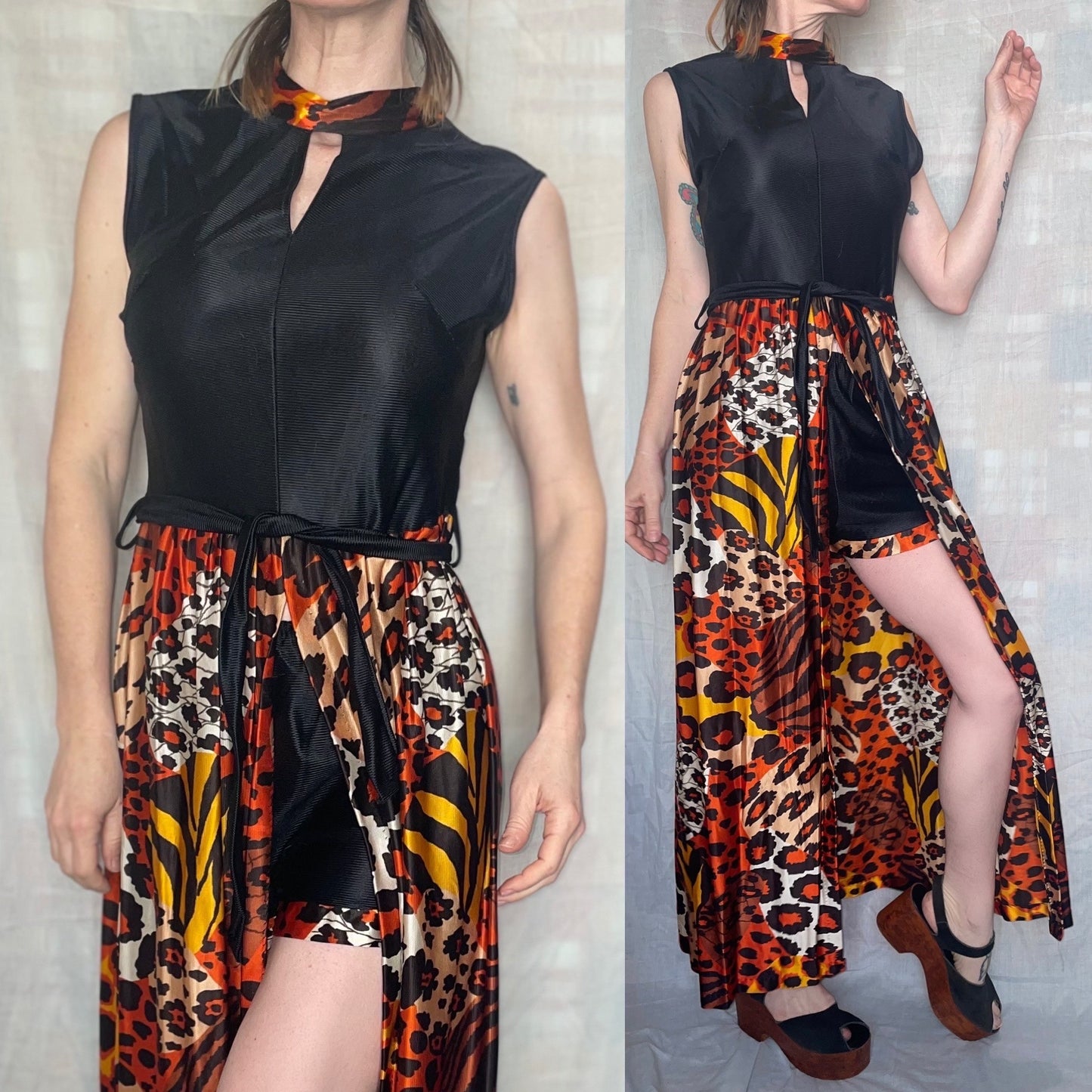 vtg 70s HOT PANTS & TUNIC Set // vintage animal print wild slinky flowy maxi dress and shorts 2 piece sexy bohemian disco queen halloween