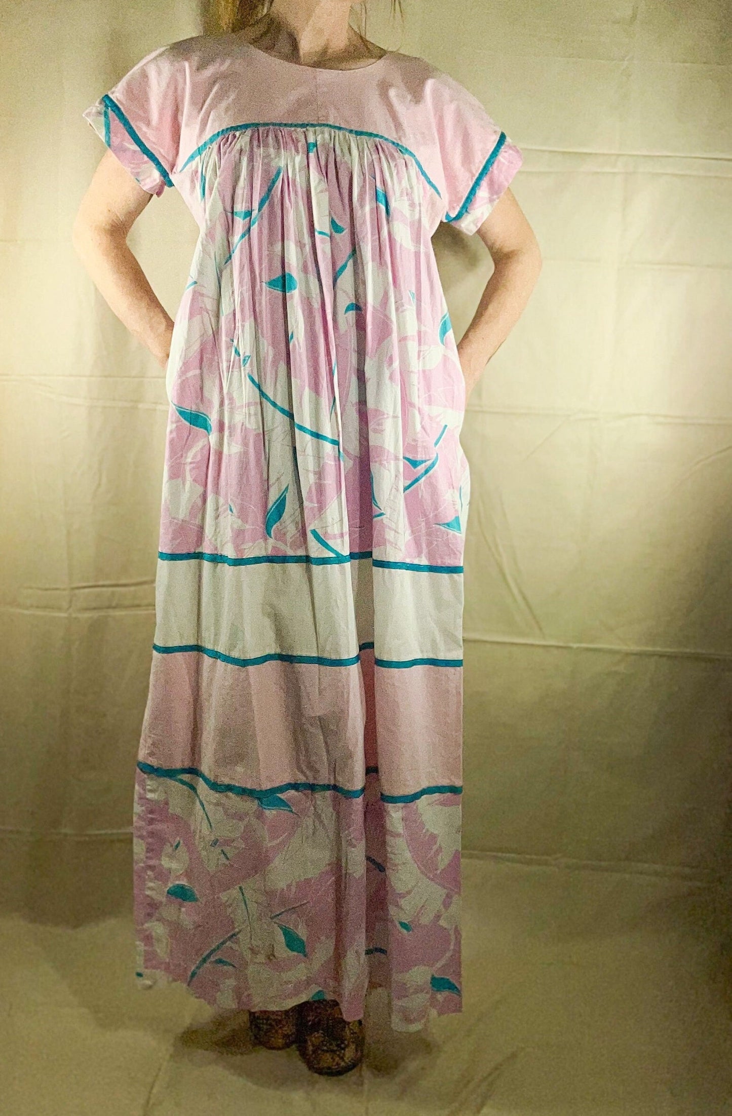 vtg 70s HILDA PASTEL PRAIRIE dress / hawaii pink & blue cotton maxi gown with pockets flare sleeve tent dress muu muu kaftan hippie boho