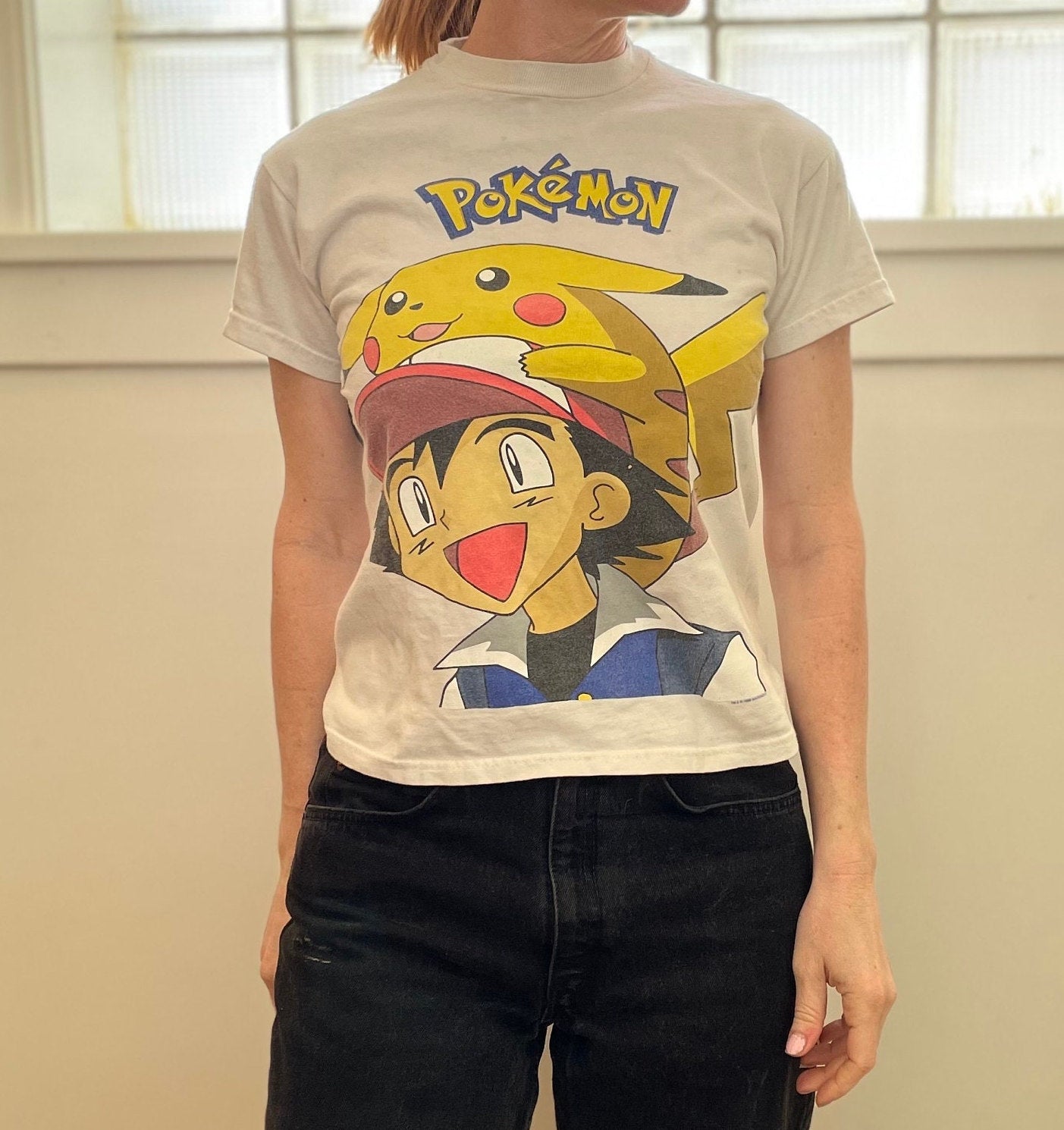 vtg 90s POKEMON BIG PRINT Shirt // vintage pikachu & ash ketchum nintendo anime cartoon cute baby tee crop top youth large fitted soft tee