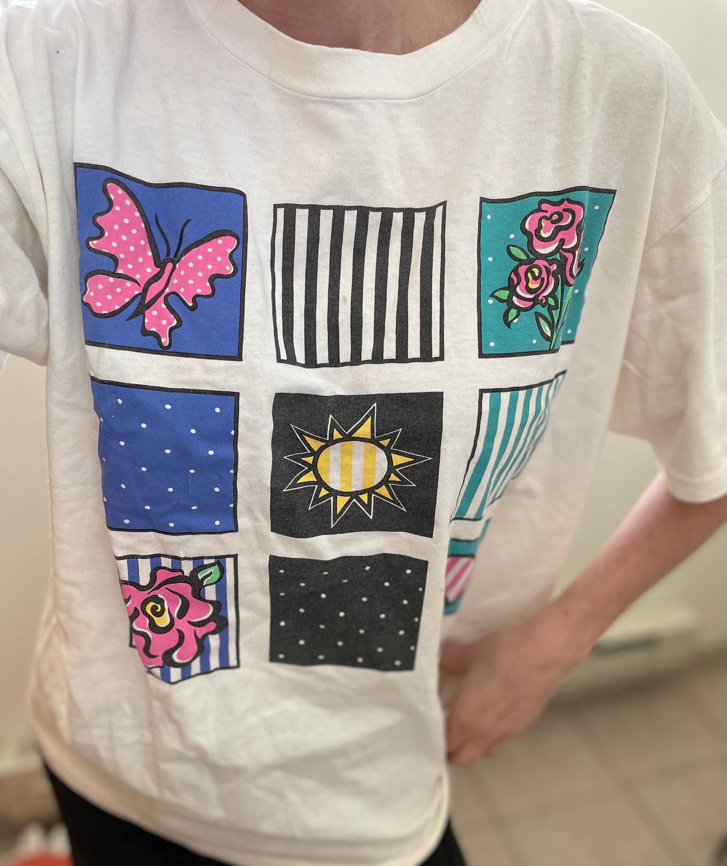 vtg 90s POP ART TSHIRT // vintaeg Jacques Moret geometric pattern spring butterfly graphic tee grunge cute beverly hills casual streetwear