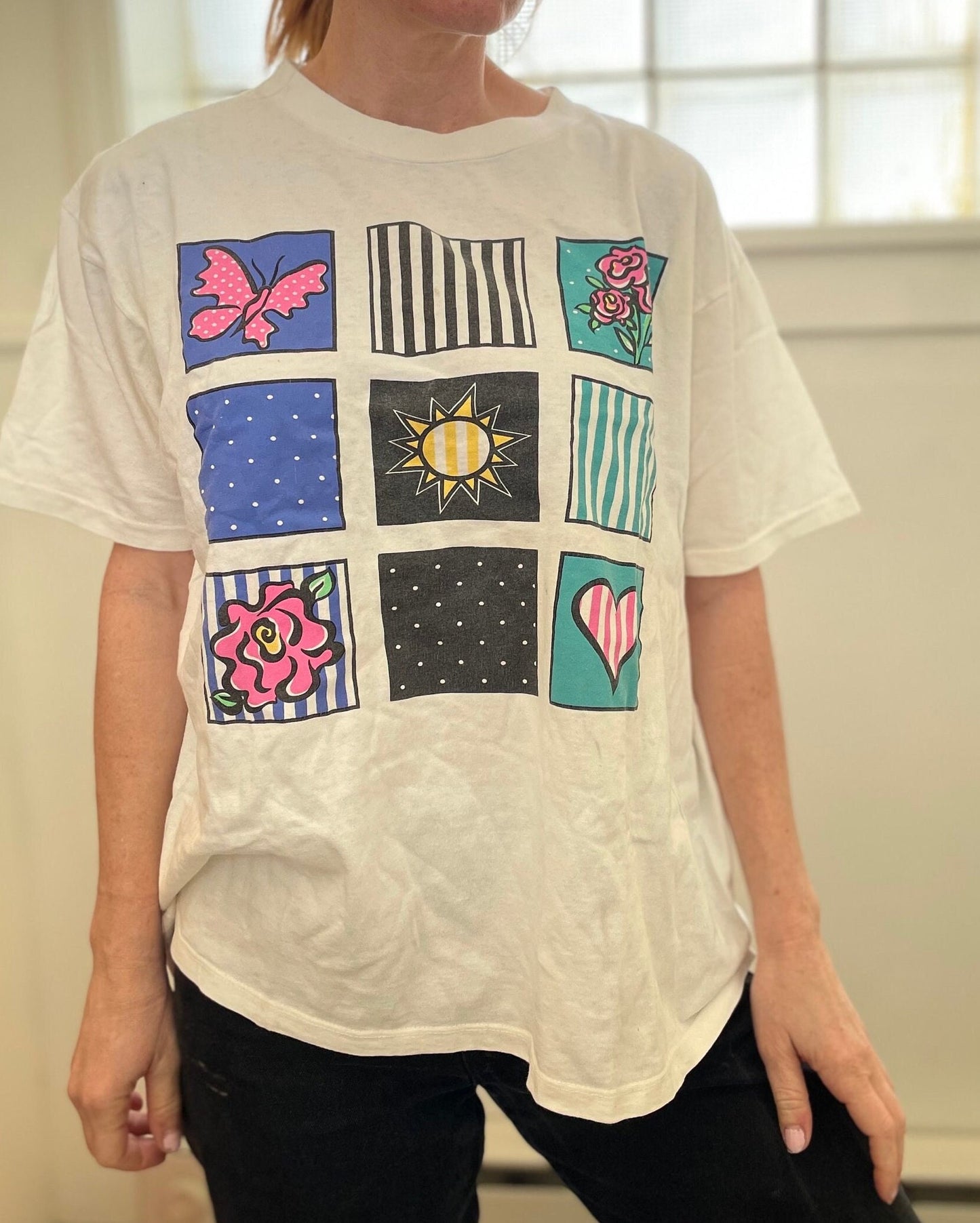 vtg 90s POP ART TSHIRT // vintaeg Jacques Moret geometric pattern spring butterfly graphic tee grunge cute beverly hills casual streetwear