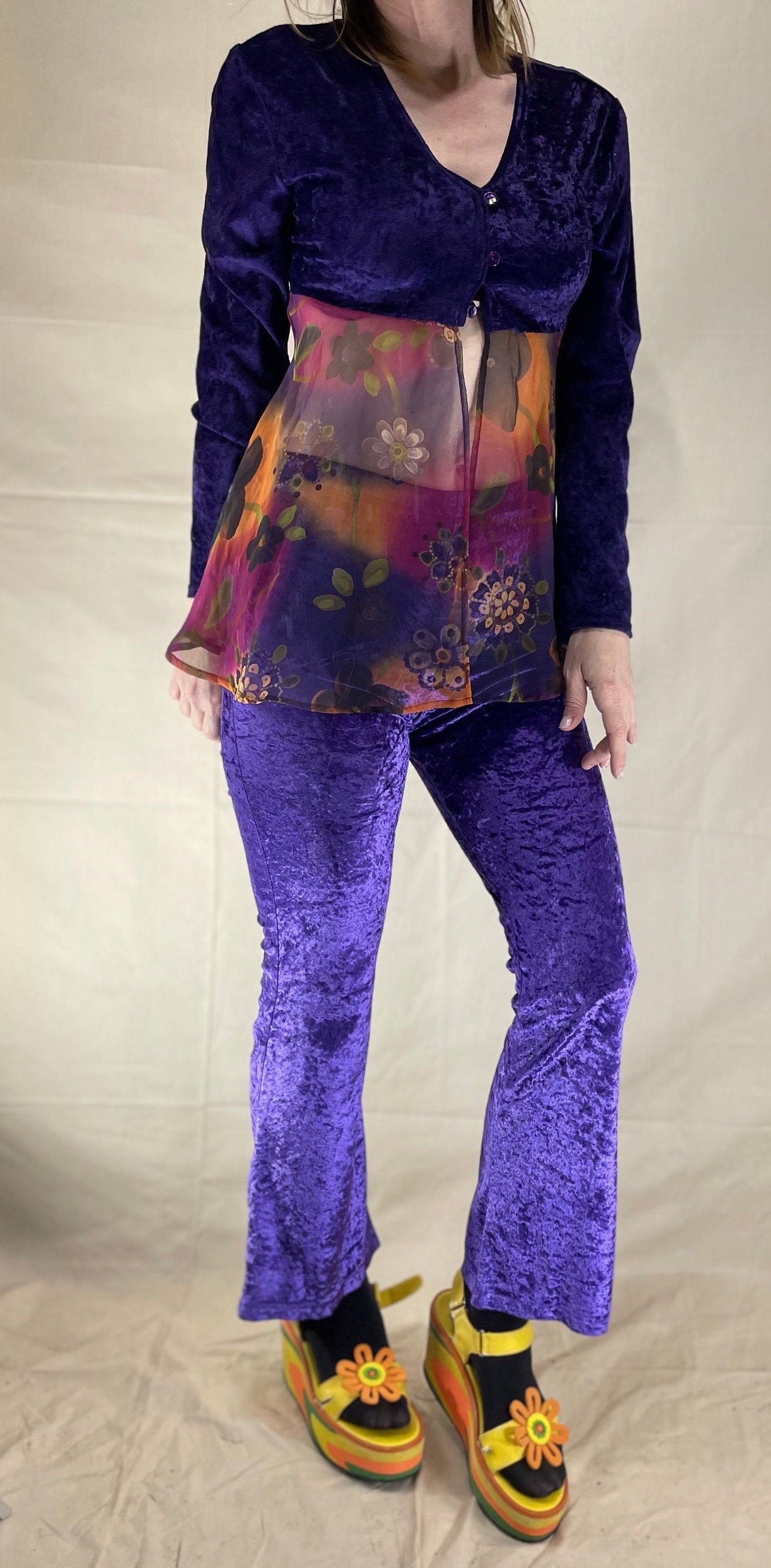 vtg 90s PURPLE VELVET FLARES 2 Piece Set // vintage Deelite raver lady miss kier flare leg hippie y2k 90s dj groove is in the heart costume