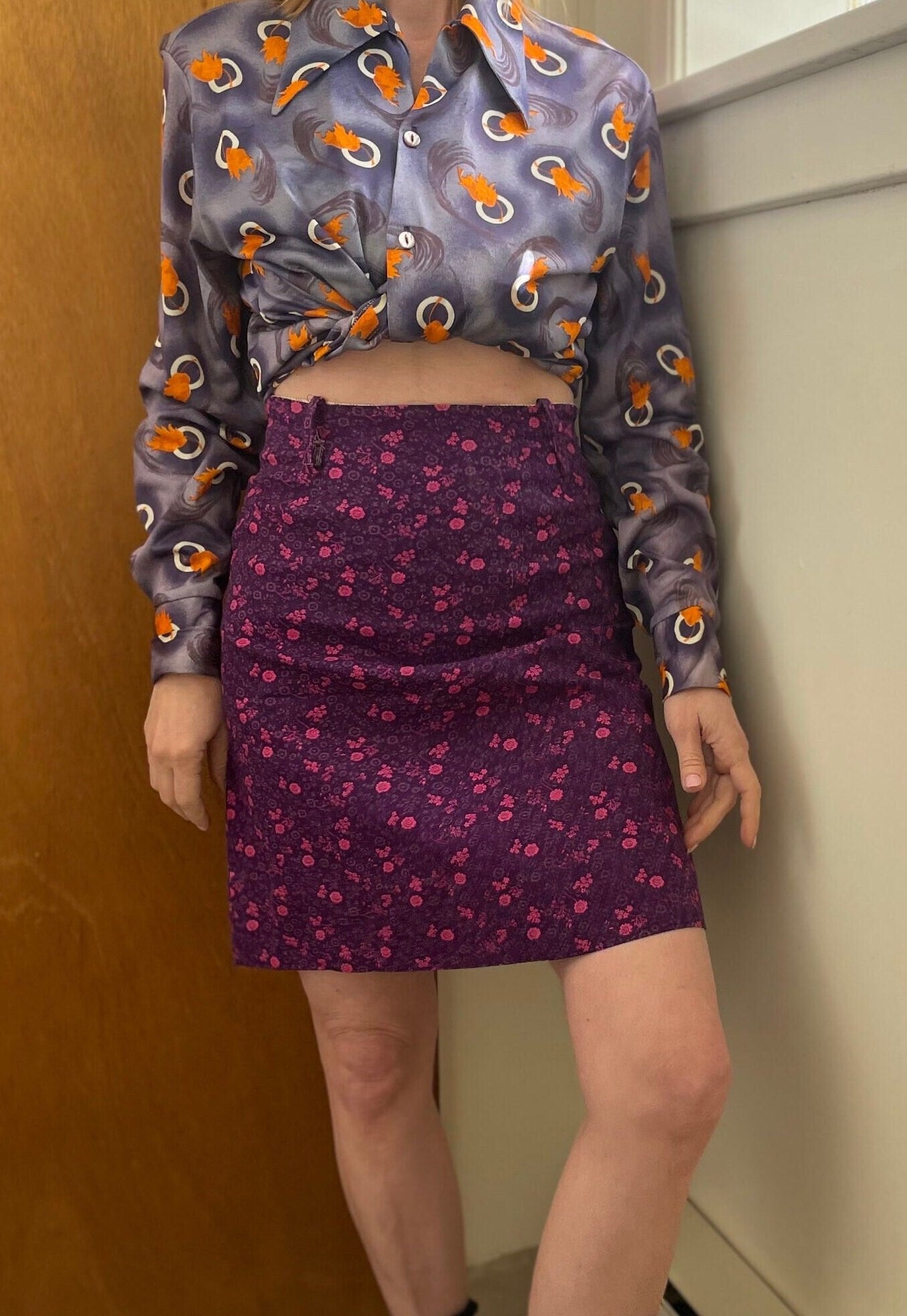 vtg 60s CUTE FLORAL MINI Skirt // vintage purple & pink patterned cotton a line preppy mod casual print school secretary student campus