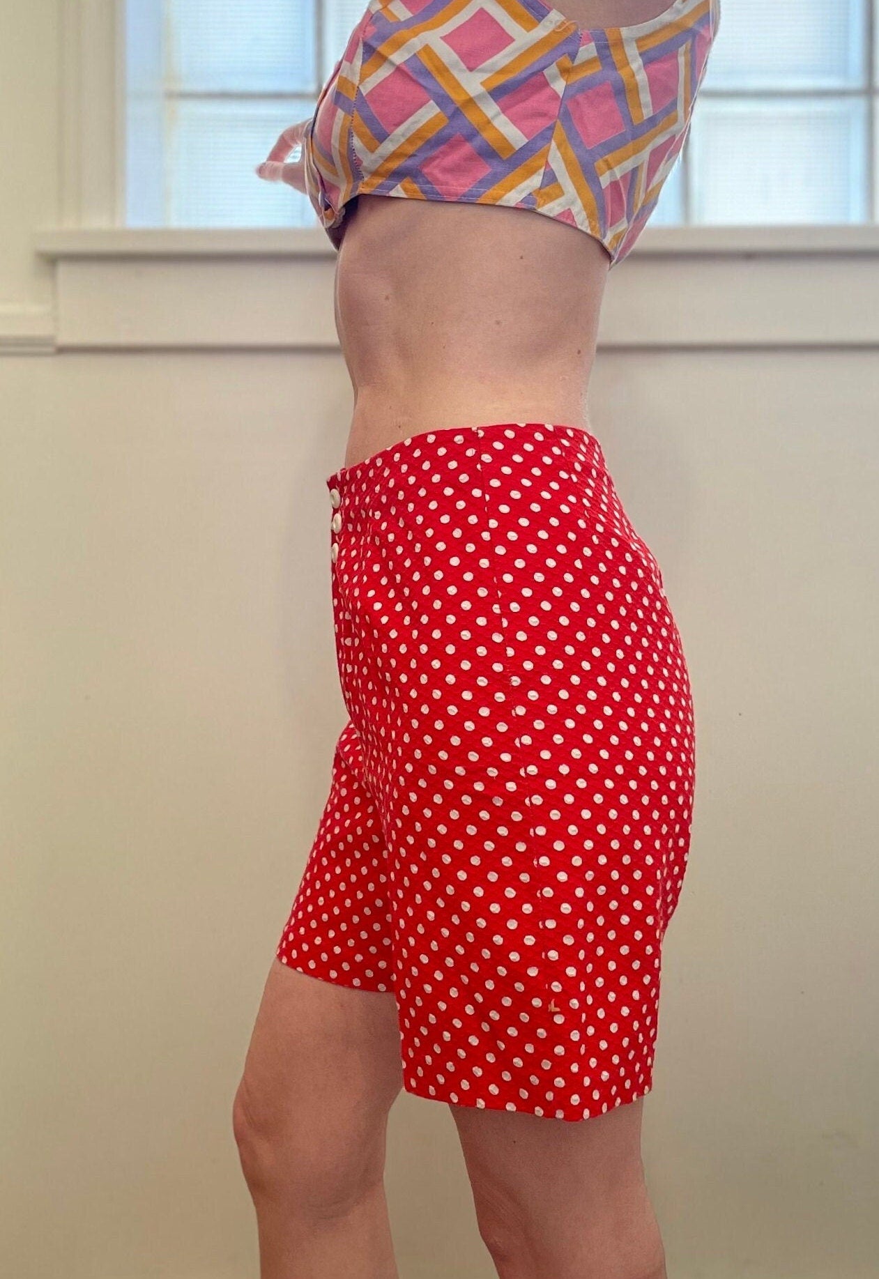 Vintage 60s Red Polka Dot Seersucker Pin Up Shorts / Rockabilly Beach Shorts