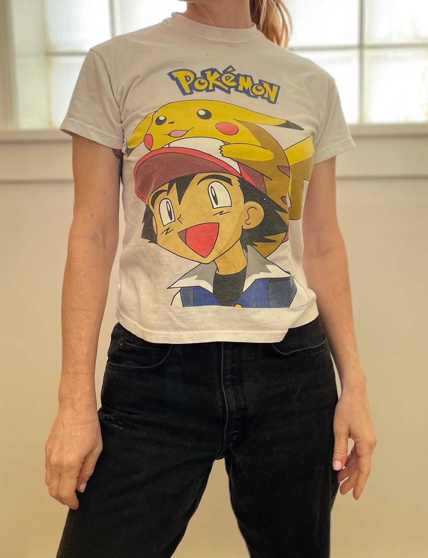 vtg 90s POKEMON BIG PRINT Shirt // vintage pikachu & ash ketchum nintendo anime cartoon cute baby tee crop top youth large fitted soft tee