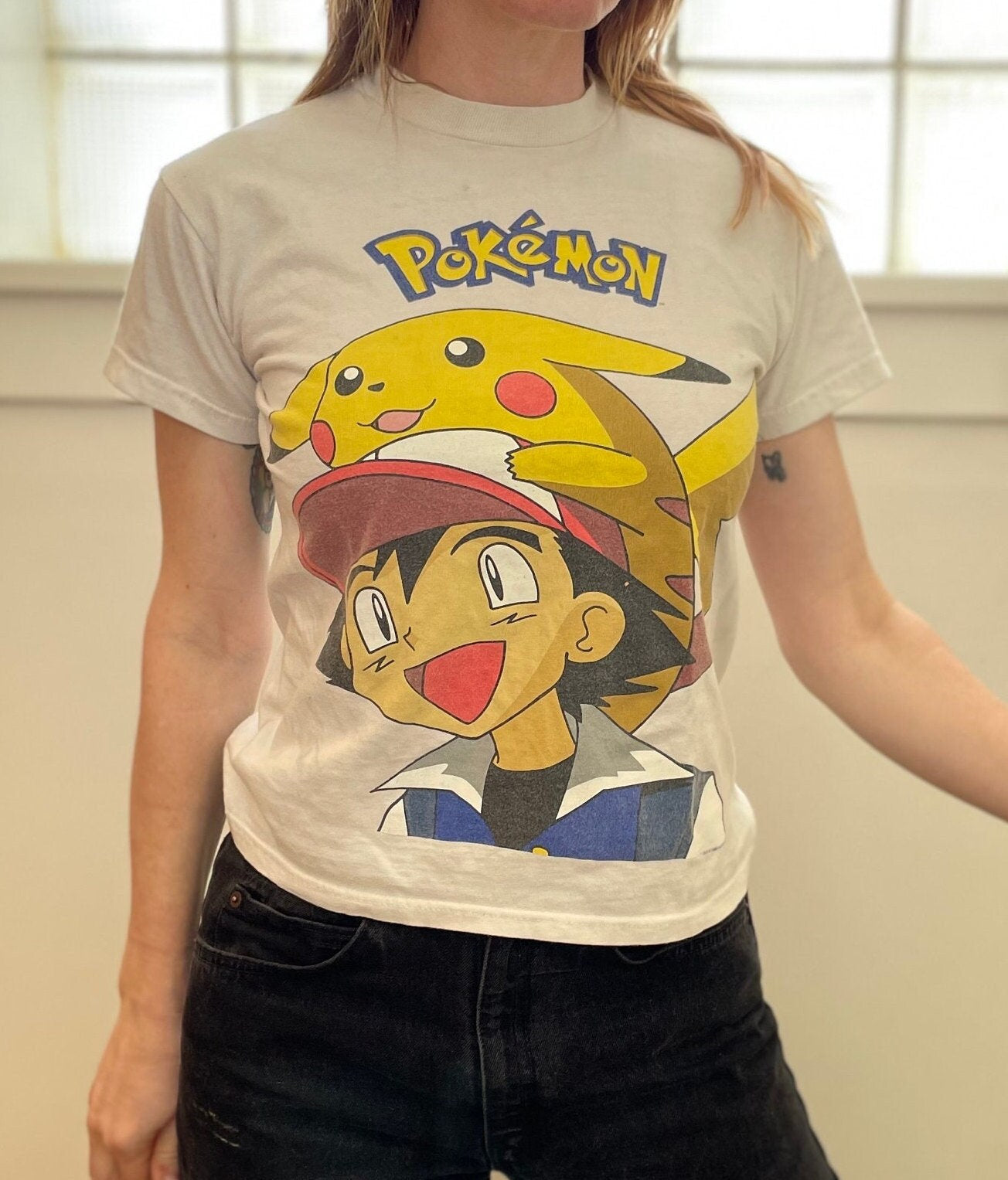 vtg 90s POKEMON BIG PRINT Shirt // vintage pikachu & ash ketchum nintendo anime cartoon cute baby tee crop top youth large fitted soft tee