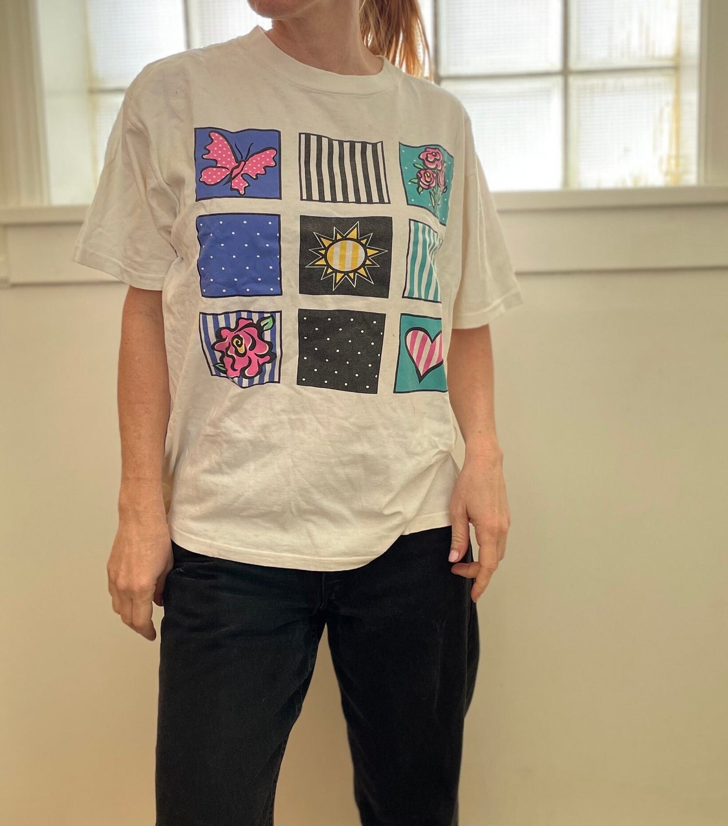 vtg 90s POP ART TSHIRT // vintaeg Jacques Moret geometric pattern spring butterfly graphic tee grunge cute beverly hills casual streetwear