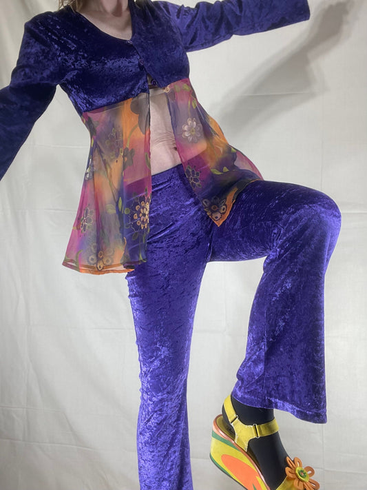 vtg 90s PURPLE VELVET FLARES 2 Piece Set // vintage Deelite raver lady miss kier flare leg hippie y2k 90s dj groove is in the heart costume