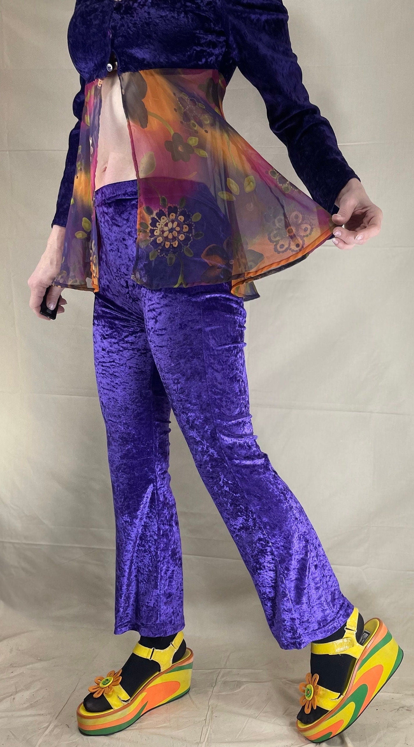 vtg 90s PURPLE VELVET FLARES 2 Piece Set // vintage Deelite raver lady miss kier flare leg hippie y2k 90s dj groove is in the heart costume
