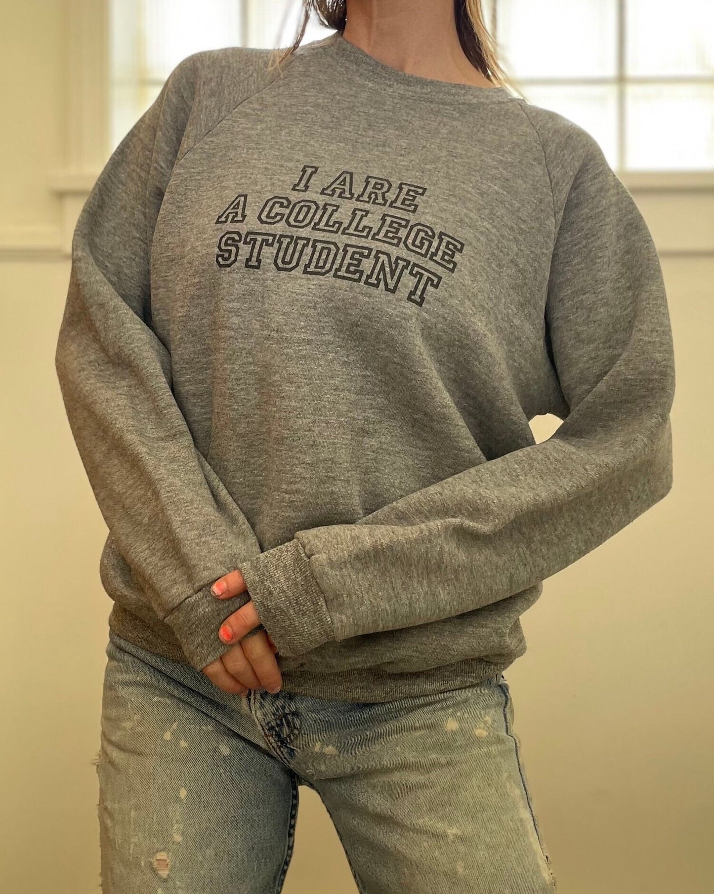 vtg 90s COLLEGE STUDENT SWEATSHIRT // vintage I are a college student gray comfy slouchy fitted cropped top ironic hipster funny graphic tee
