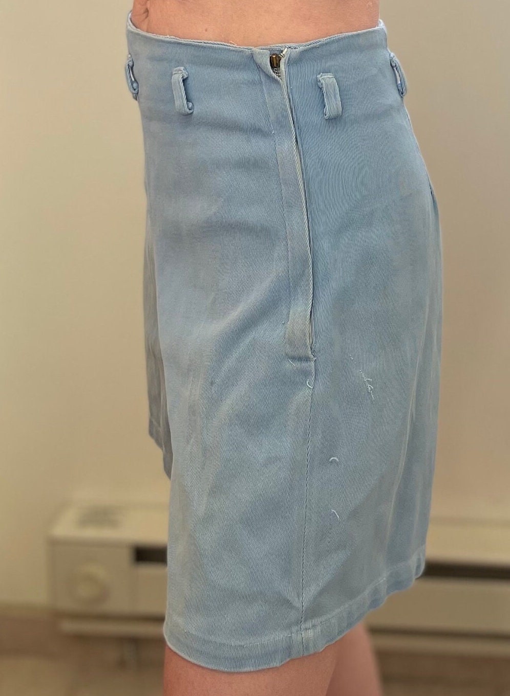 vtg 40s BLUE CHAMBRAY SHORTS // vintage light blue gabardine long shorts 50s denim hot pants autumn fall casual school mcm retro style