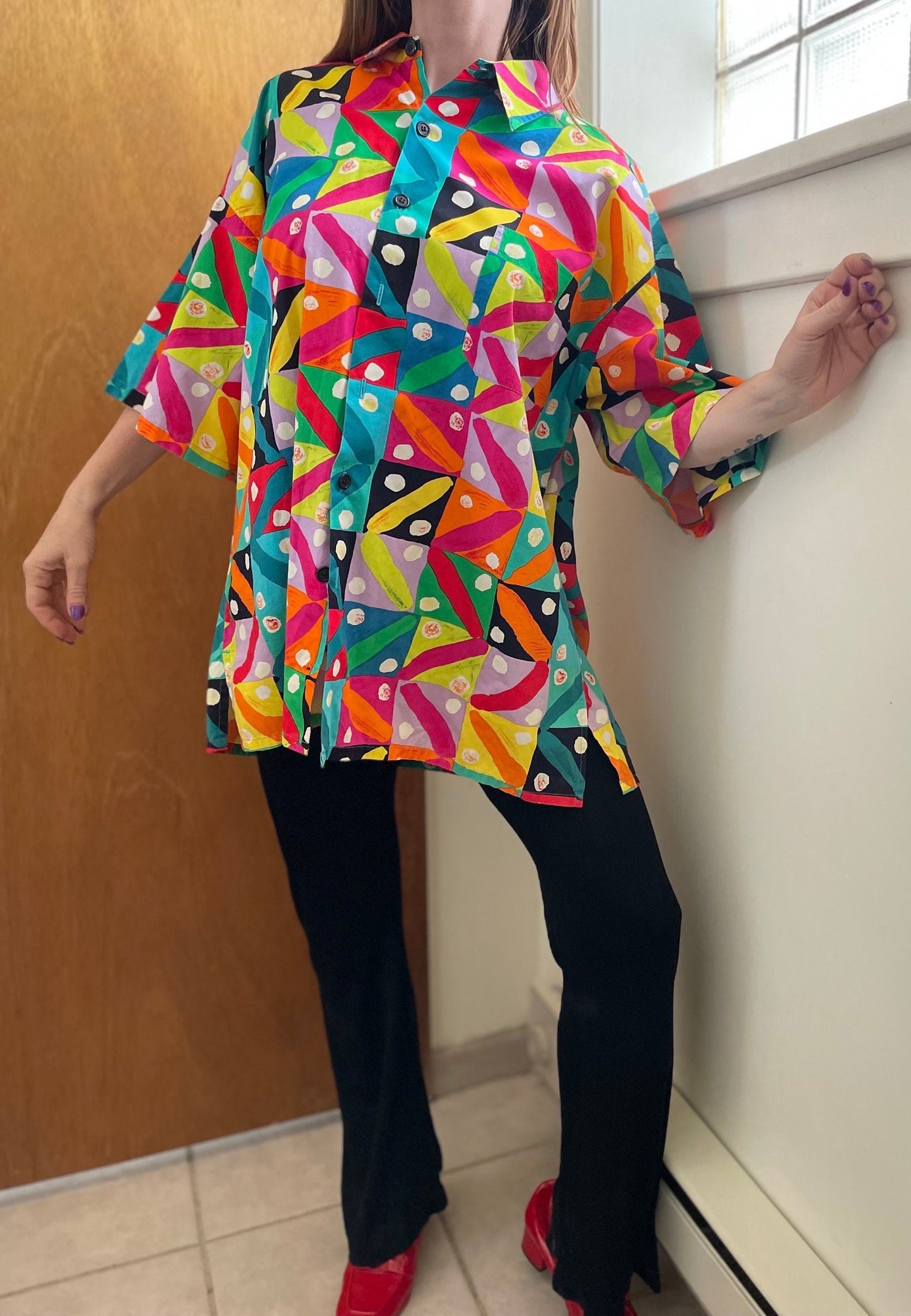 vtg JAMS WORLD XXL button up shirt / abstract print swirls polka dot geometric print oxford shirt baggy retro 90s