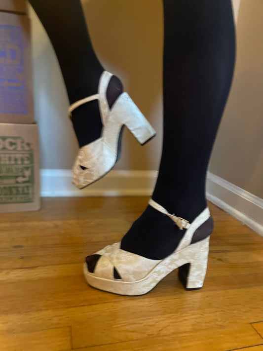 vtg 90s WHITE FLORAL HEELS // vintage off white floral brocade chunky thick strappy platforms valentines day first date sexy platform heels