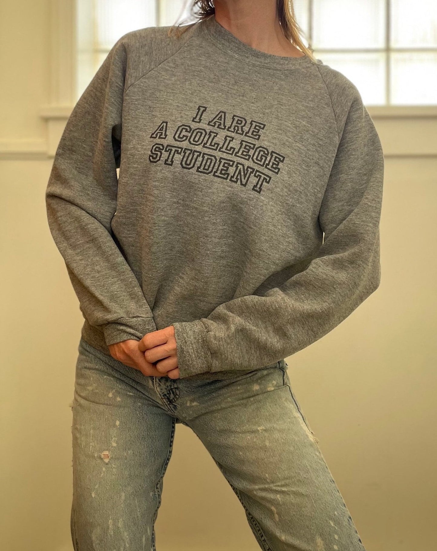 vtg 90s COLLEGE STUDENT SWEATSHIRT // vintage I are a college student gray comfy slouchy fitted cropped top ironic hipster funny graphic tee