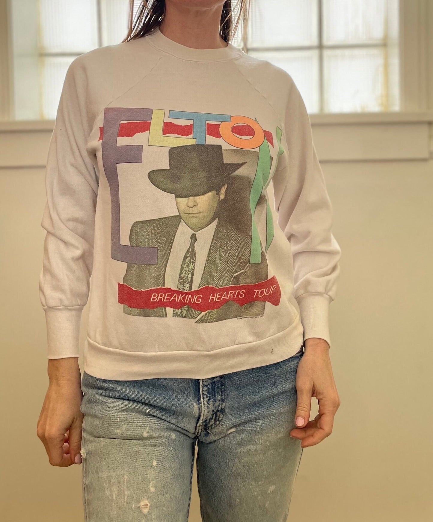 vtg 80s ELTON JOHN SWEATSHIRT // vintage 1980s glam rock band tour breaking hearts pop art music retro rock n roll tiny dancer photo print