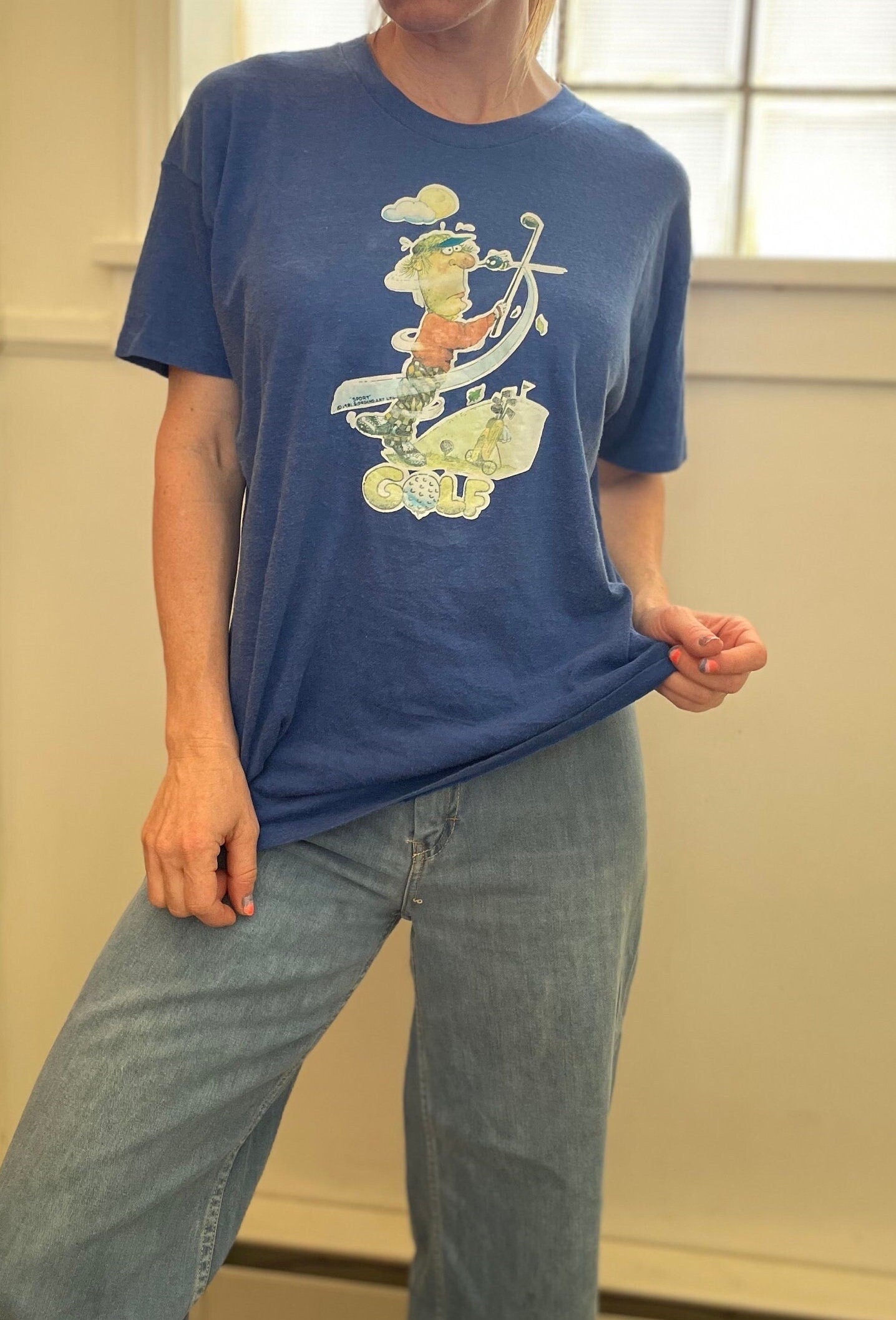 vtg 70s FUNNY GOLFER SHIRT // vintage iron on graphic tee old man bad golfer gag gift blue retro ironic hipster dad t shirt