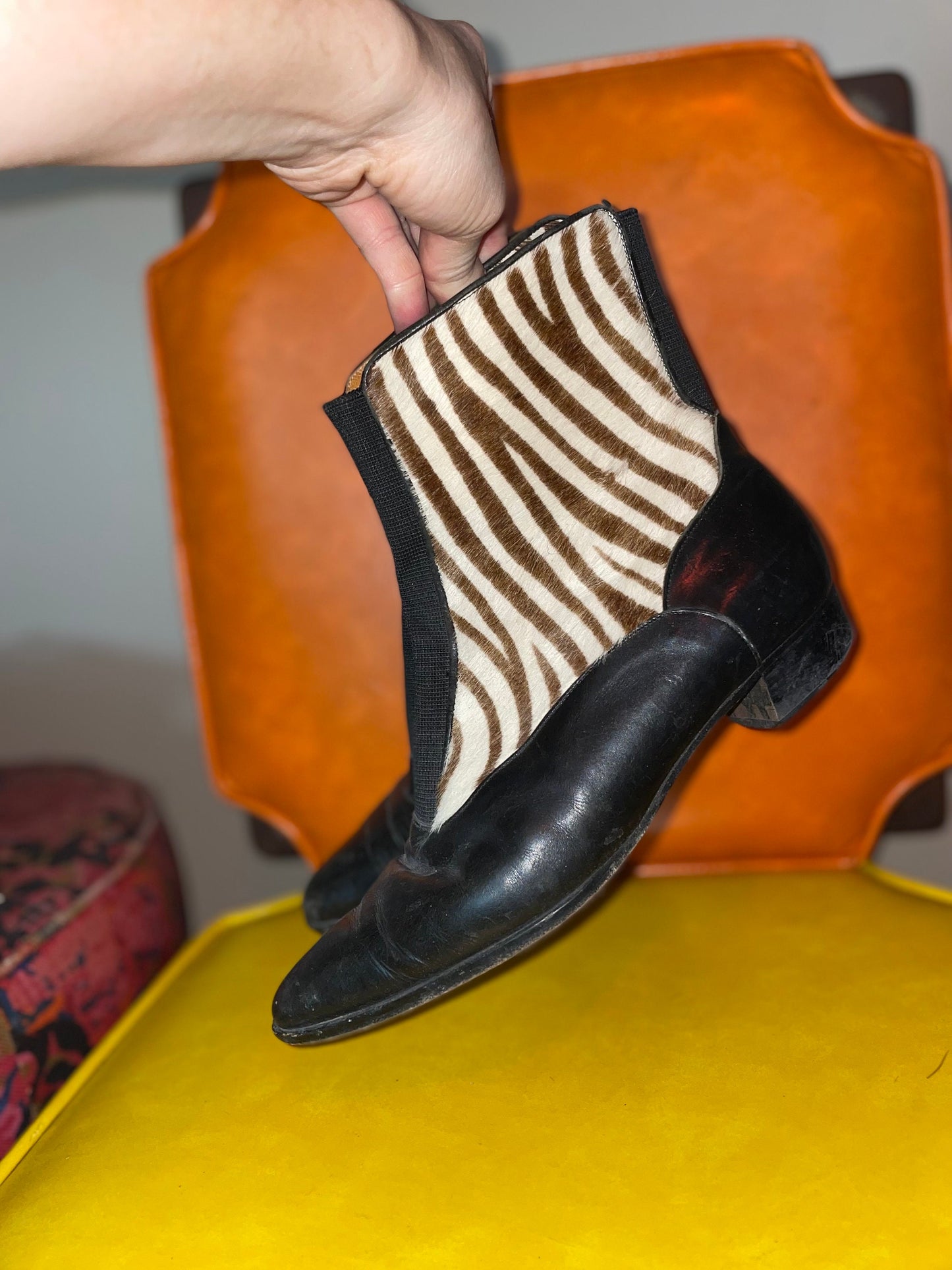 vtg 90s ZEBRA PRINT Ankle Boots // vintage furry striped beatle boot pony fur fuzzy booties pointy toe sleek chic fashion animal print boots