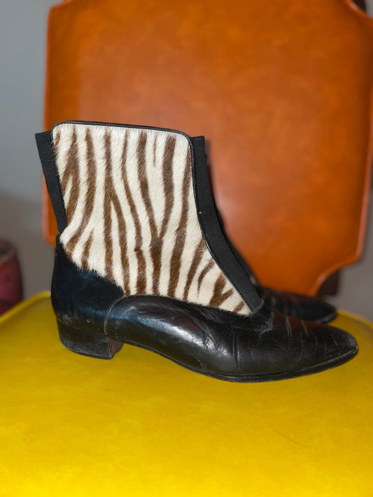 vtg 90s ZEBRA PRINT Ankle Boots // vintage furry striped beatle boot pony fur fuzzy booties pointy toe sleek chic fashion animal print boots