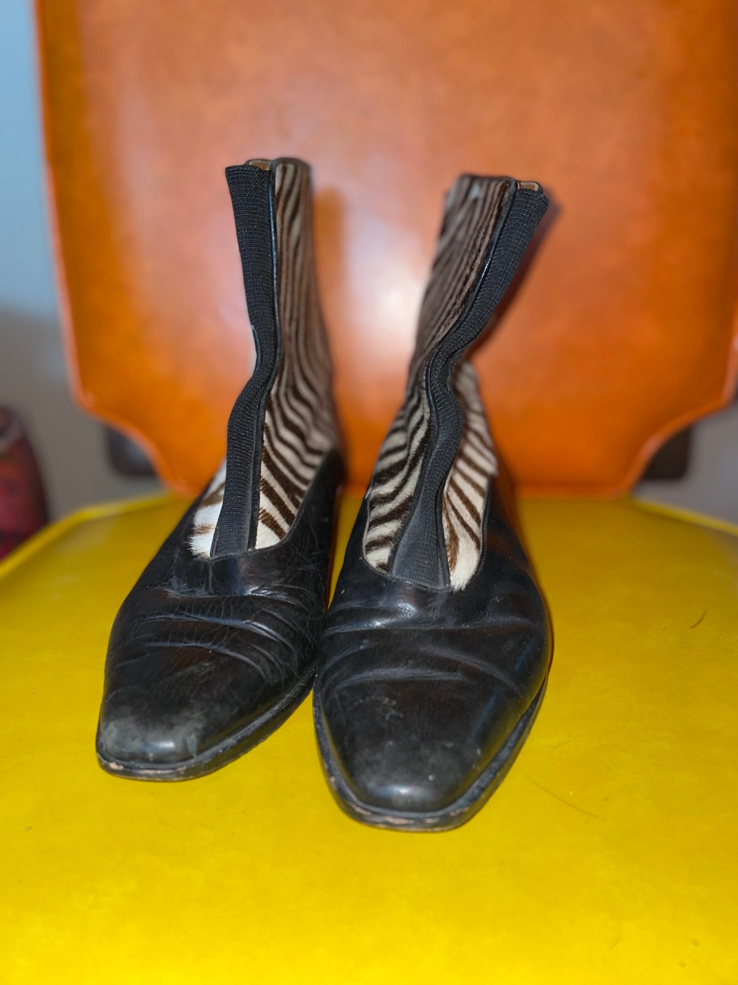 vtg 90s ZEBRA PRINT Ankle Boots // vintage furry striped beatle boot pony fur fuzzy booties pointy toe sleek chic fashion animal print boots