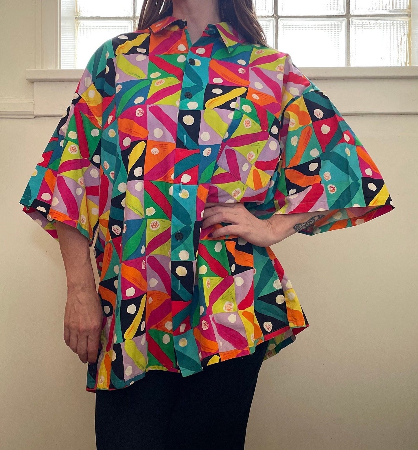 vtg JAMS WORLD XXL button up shirt / abstract print swirls polka dot geometric print oxford shirt baggy retro 90s
