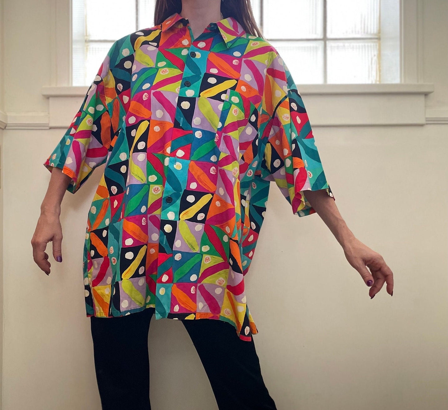 vtg JAMS WORLD XXL button up shirt / abstract print swirls polka dot geometric print oxford shirt baggy retro 90s