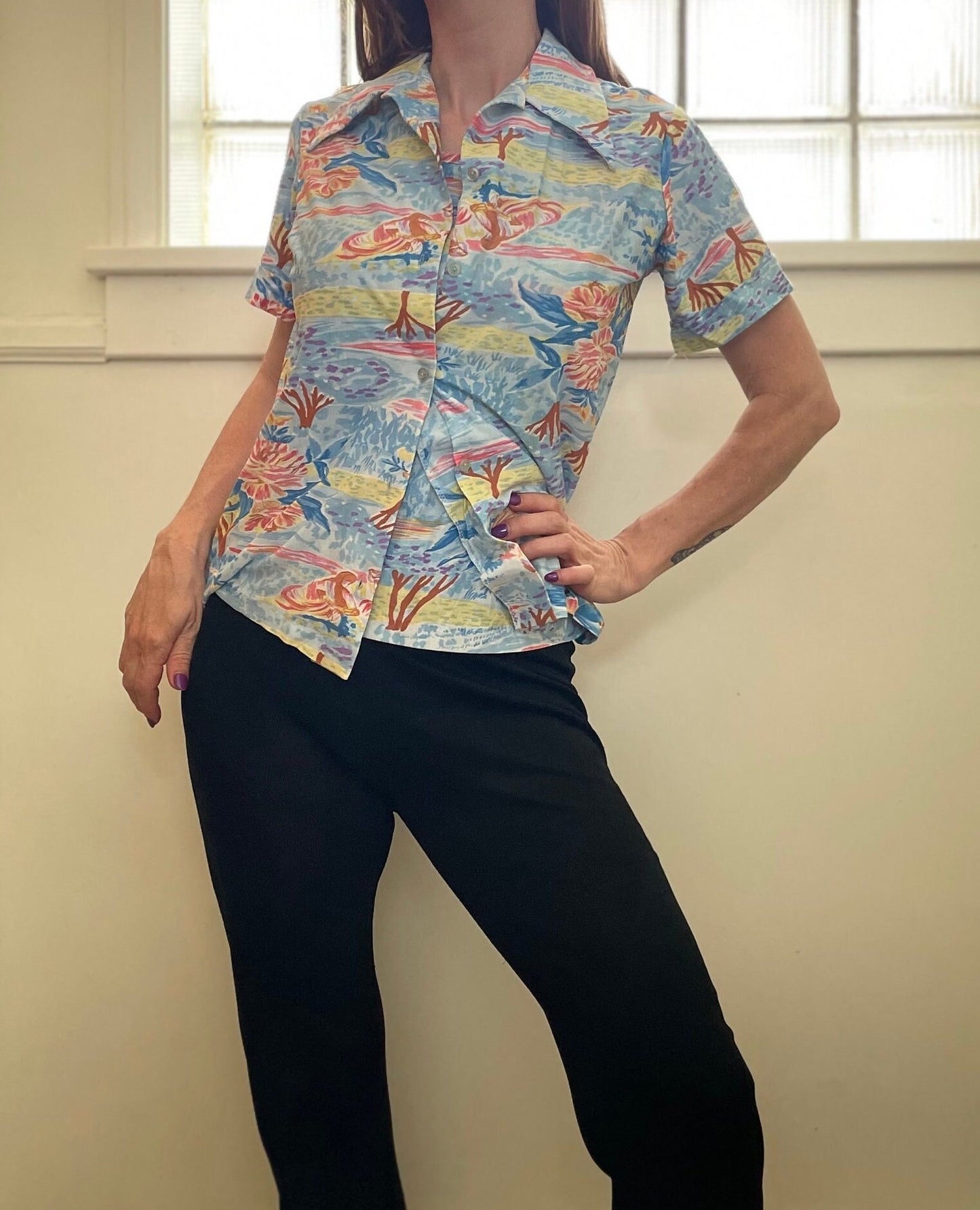 vtg 70s PSYCHEDELIC CLOUDS SHIRT// vintage layered autumn under shirt and attached button poly tee disco hippie Saturday night fever retro