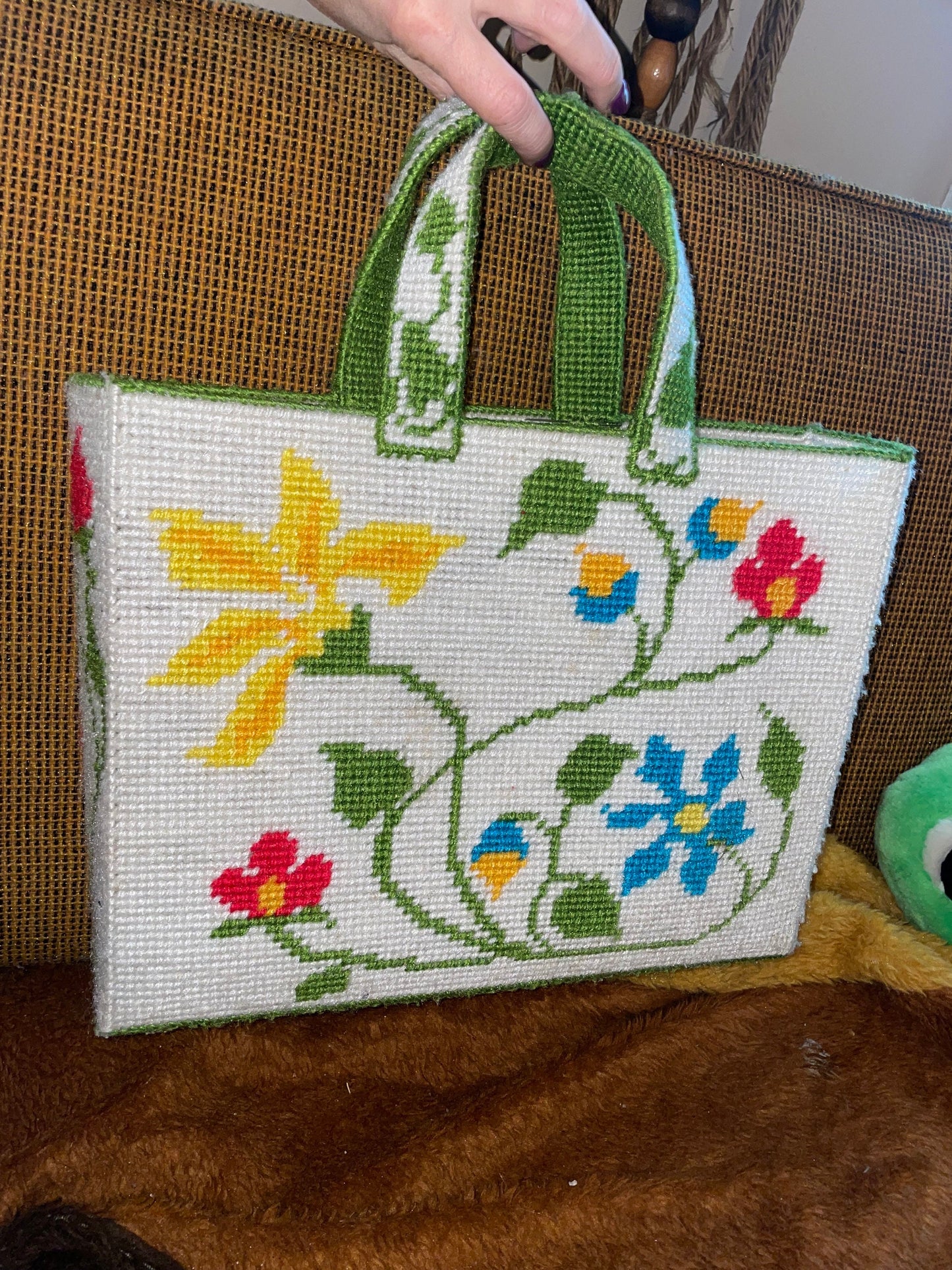 vtg 70s NEEDLEPOINT FLOWER POWER Purse // vintage embroidered hippie mod top handle sewing bag grocery tote supply carry all make up bag