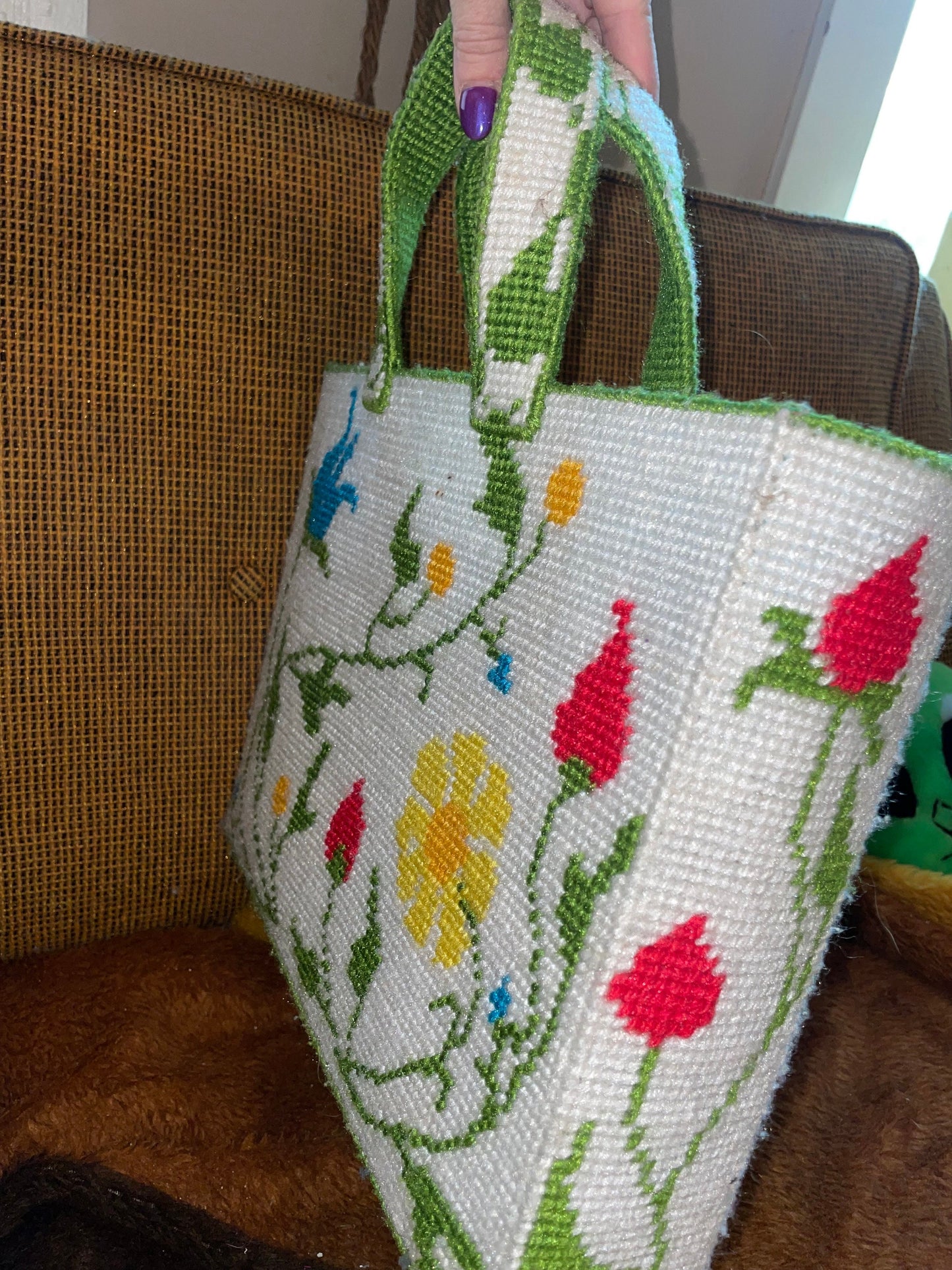 vtg 70s NEEDLEPOINT FLOWER POWER Purse // vintage embroidered hippie mod top handle sewing bag grocery tote supply carry all make up bag