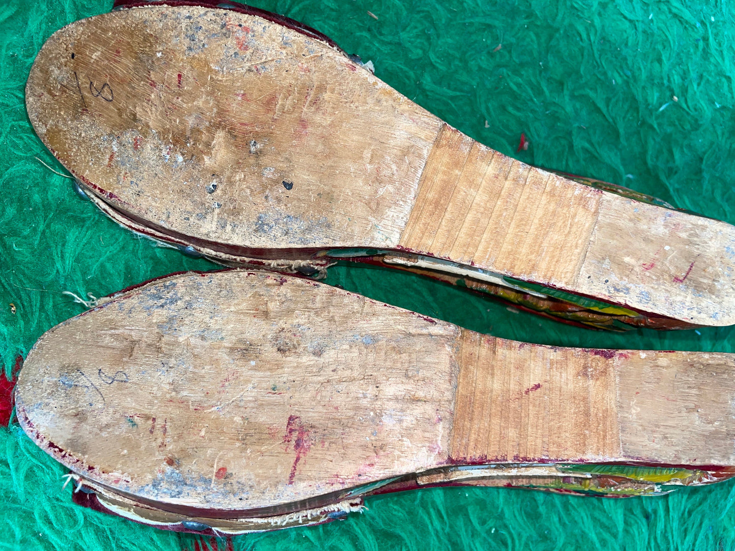 vtg 40s WW2 Era WOODEN HEELS // vintage Red Carved Wooden Platforms / 40s Velvet Shoes / Souvenir Wedge Sandals