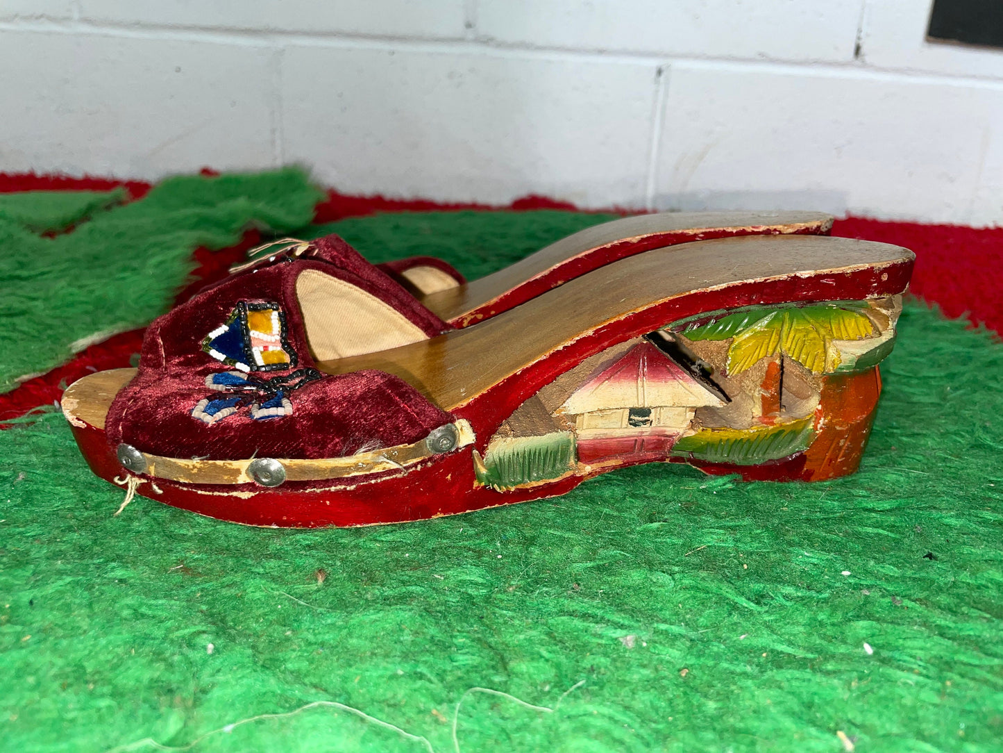 vtg 40s WW2 Era WOODEN HEELS // vintage Red Carved Wooden Platforms / 40s Velvet Shoes / Souvenir Wedge Sandals