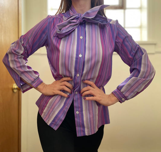 vtg 80s PURPLE STRIPED RETRO Blouse // vintage womens medium secretary style autumn jewel tones multicolor rainbow pussy bow tie dress shirt